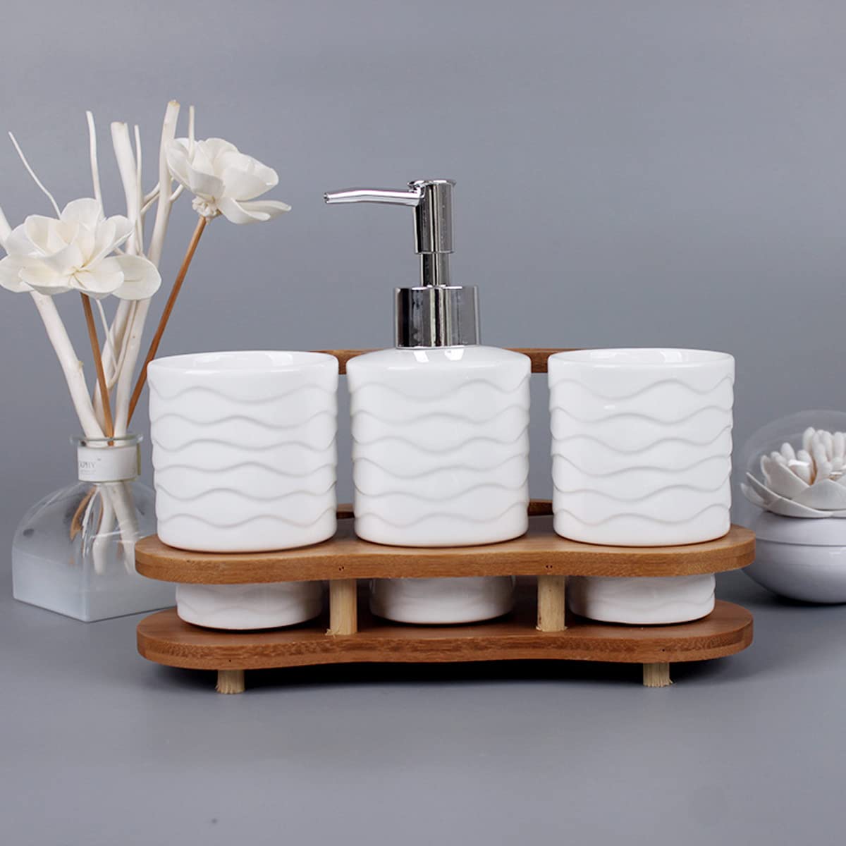 White Ceramic Bathroom 4-Piece Set - Toothbrush Holder, Soap Dispenser & Mouthwash Cup | Modern Minimalist Bath Accessories for Home | Perfect for Vanity, Countertop & Guest Bathroom Organization