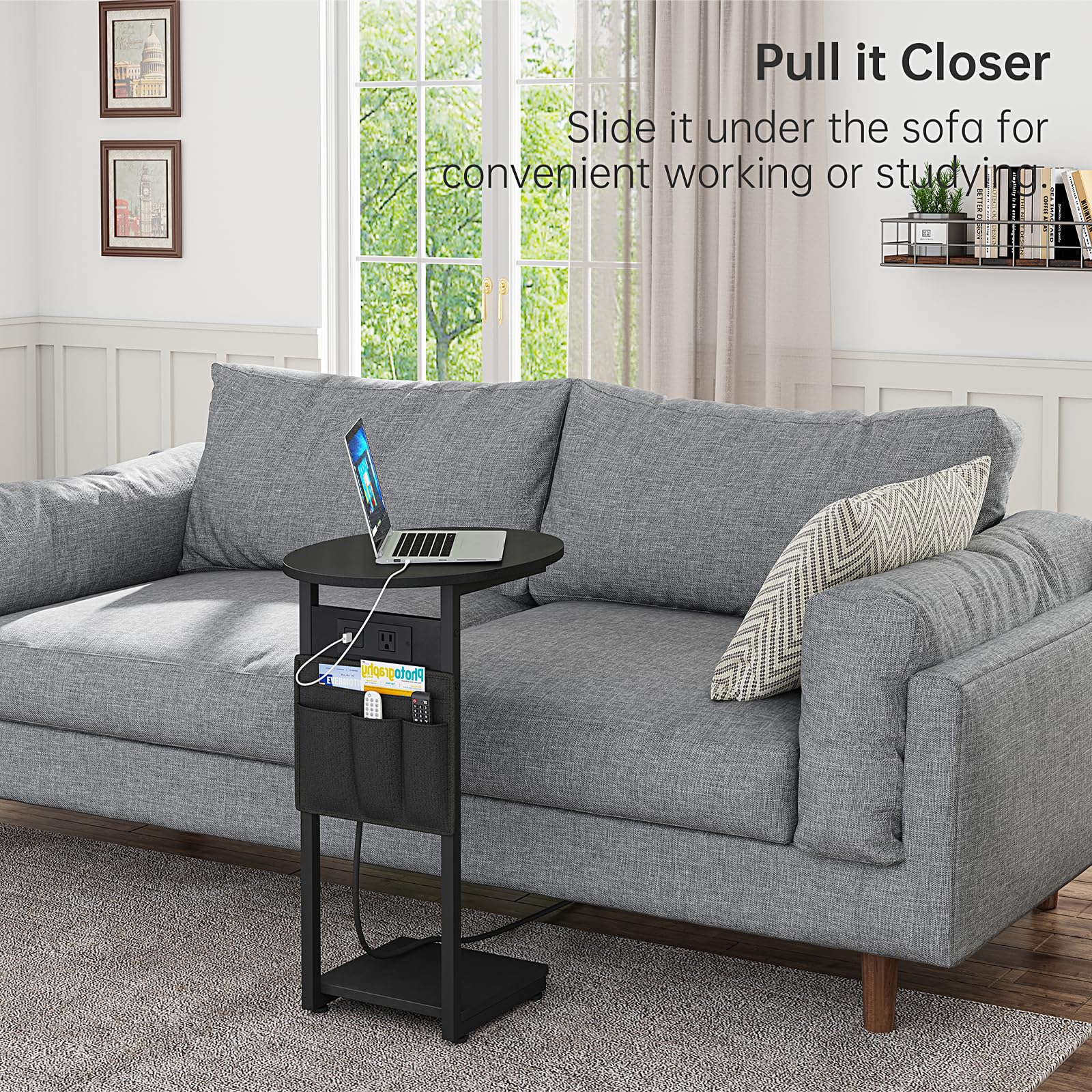 Vagusicc C-Shaped End Table with USB Charging Station - Small Side Table for Couch, Sofa & Bedroom - Round TV Tray Slide Under Sofa Table - Modern Living Room Furniture (Black) - Perfect for Small Spaces, Apartment Living & Home Office Use