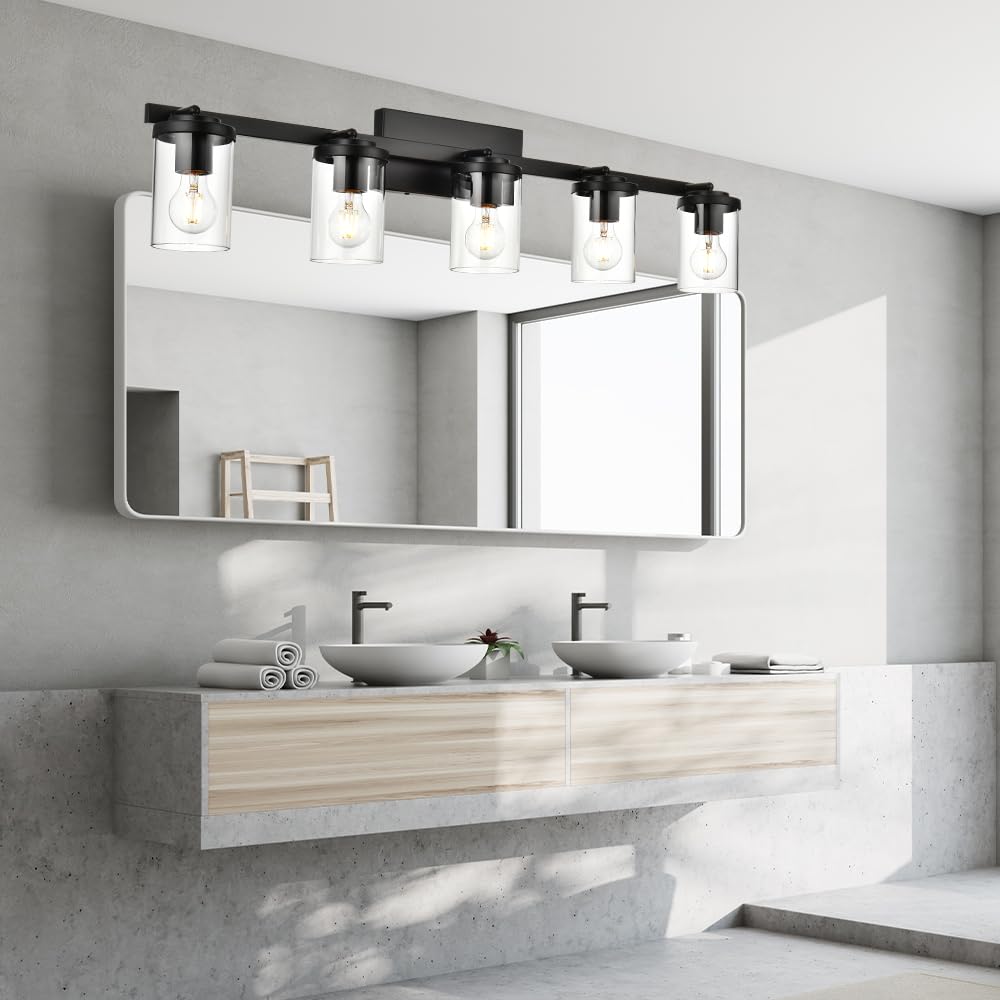 BONLICHT 5-Light Spotlight Track Lighting - Modern Semi Flush Mount Ceiling Light Fixture - Industrial Vintage Black Wall Sconce - Farmhouse Bathroom Vanity Light with Clear Glass Shade - Perfect for Living Room, Bedroom, Kitchen & Dining Room Lighting