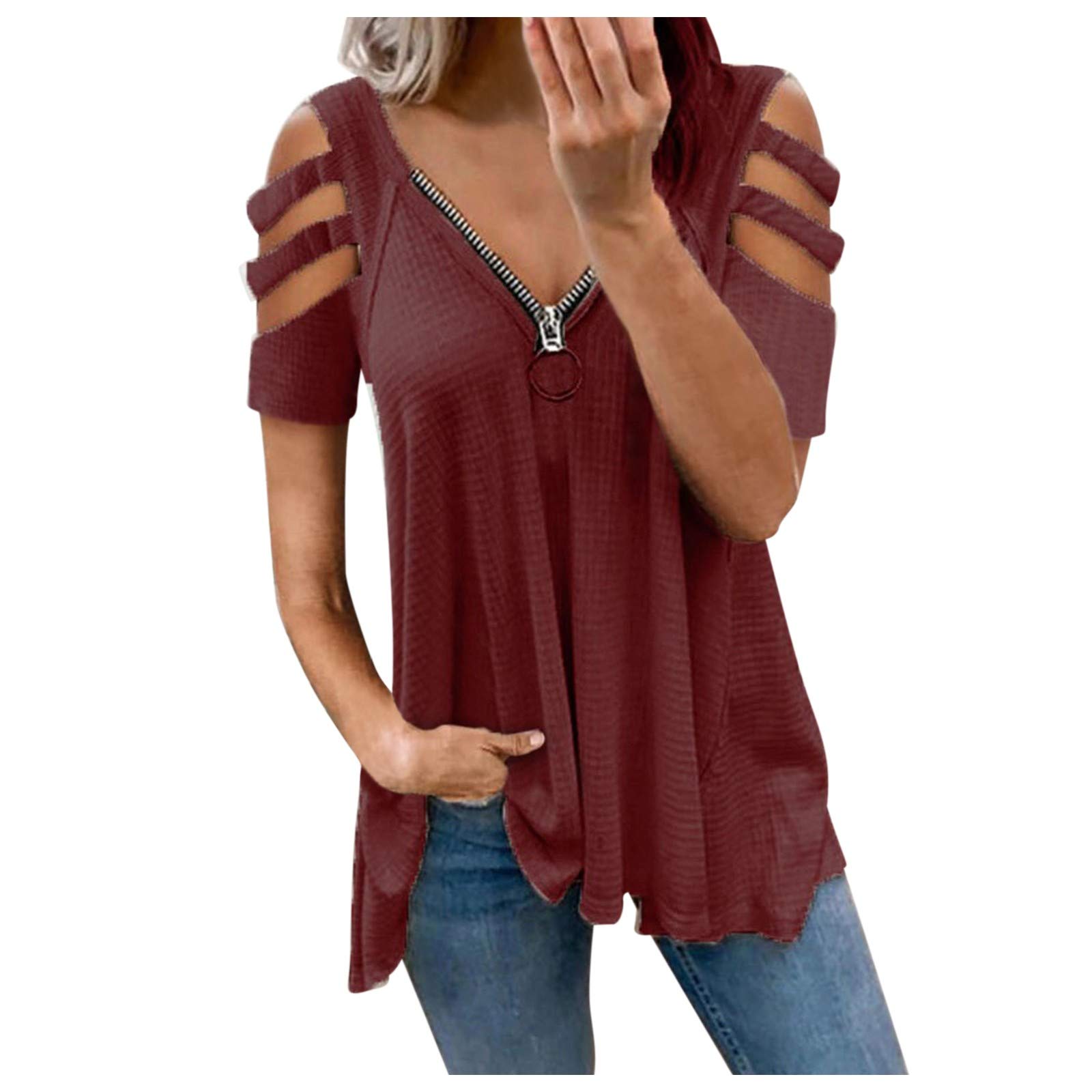 YSWD Women's Off Shoulder Hollow Strapless Tunic - Sexy V-Neck Zip Short Sleeve Waffle Blouse Tee | Casual Summer Tops for Beach, Date Night & Party Outfits