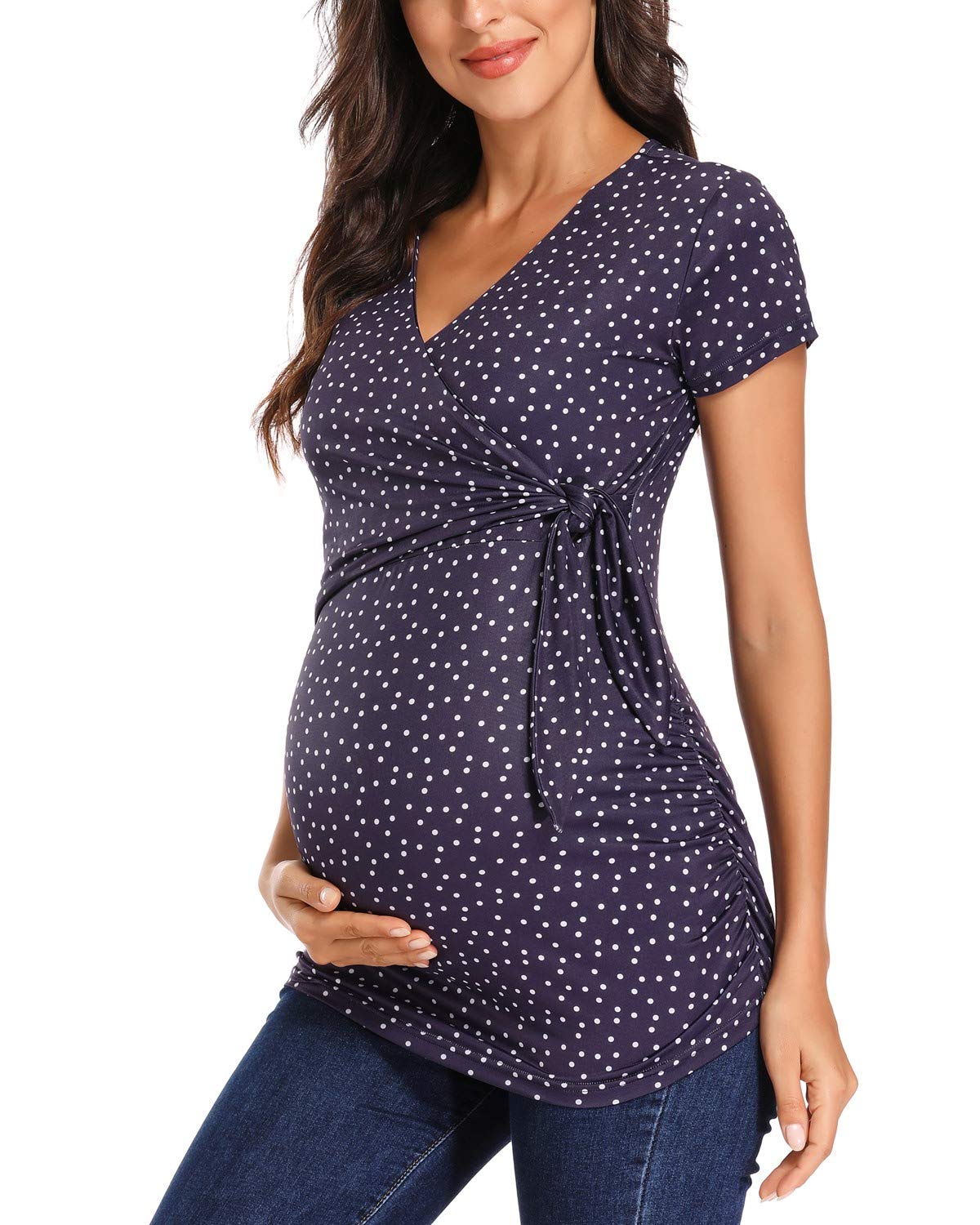 Glampunch Women's Maternity Shirts - Short & Long Sleeve Tie Front Wrap Tops for Pregnancy | Comfortable Nursing Blouse for Work & Casual Wear