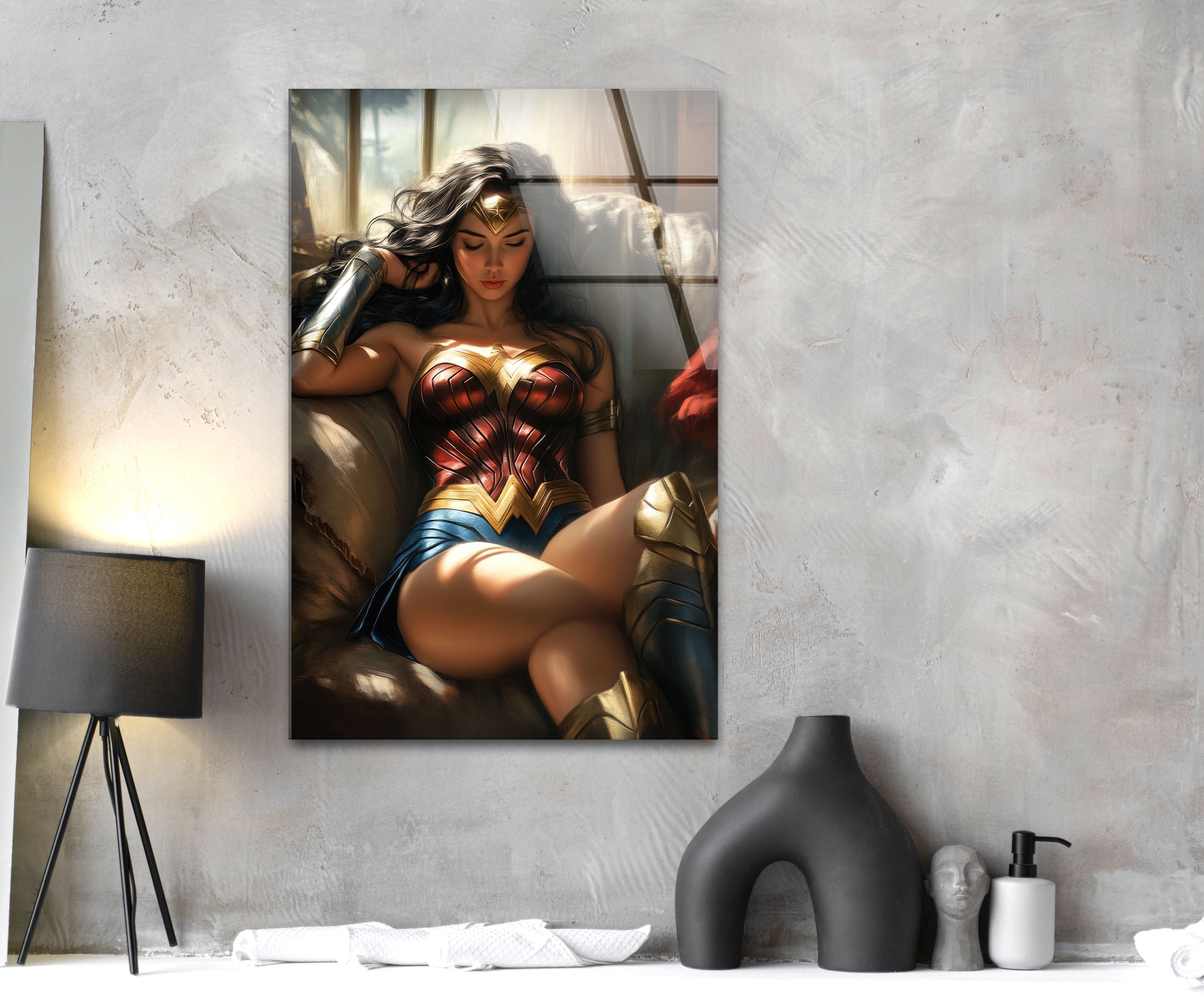 Wonder Woman Glass Wall Art - Superhero Home Decor for Living Room, Bedroom & Office - Unique DC Comics Gifts for Fans