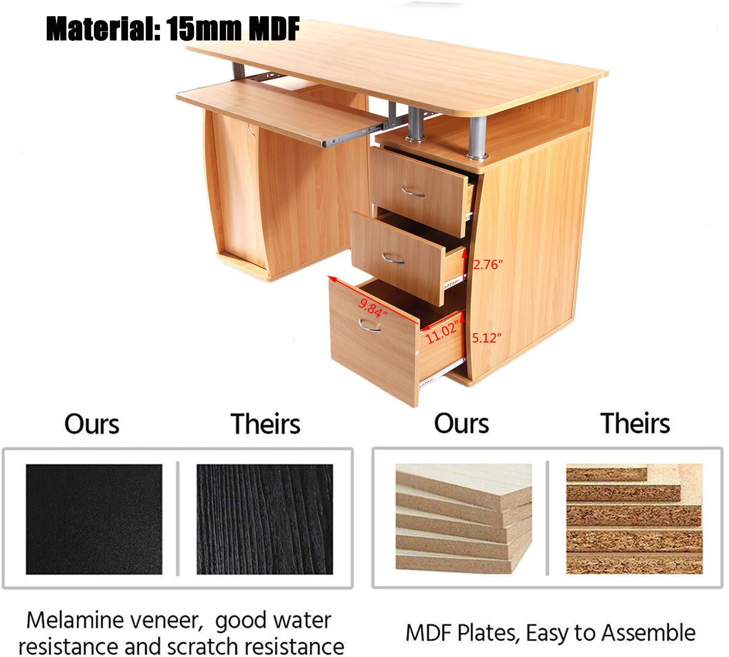 Wooden Computer Desk with Drawers & Keyboard Tray - Spacious Writing Study Table for PC, Laptop & Notebook - Perfect for Home Office, Gaming Setup & Remote Work