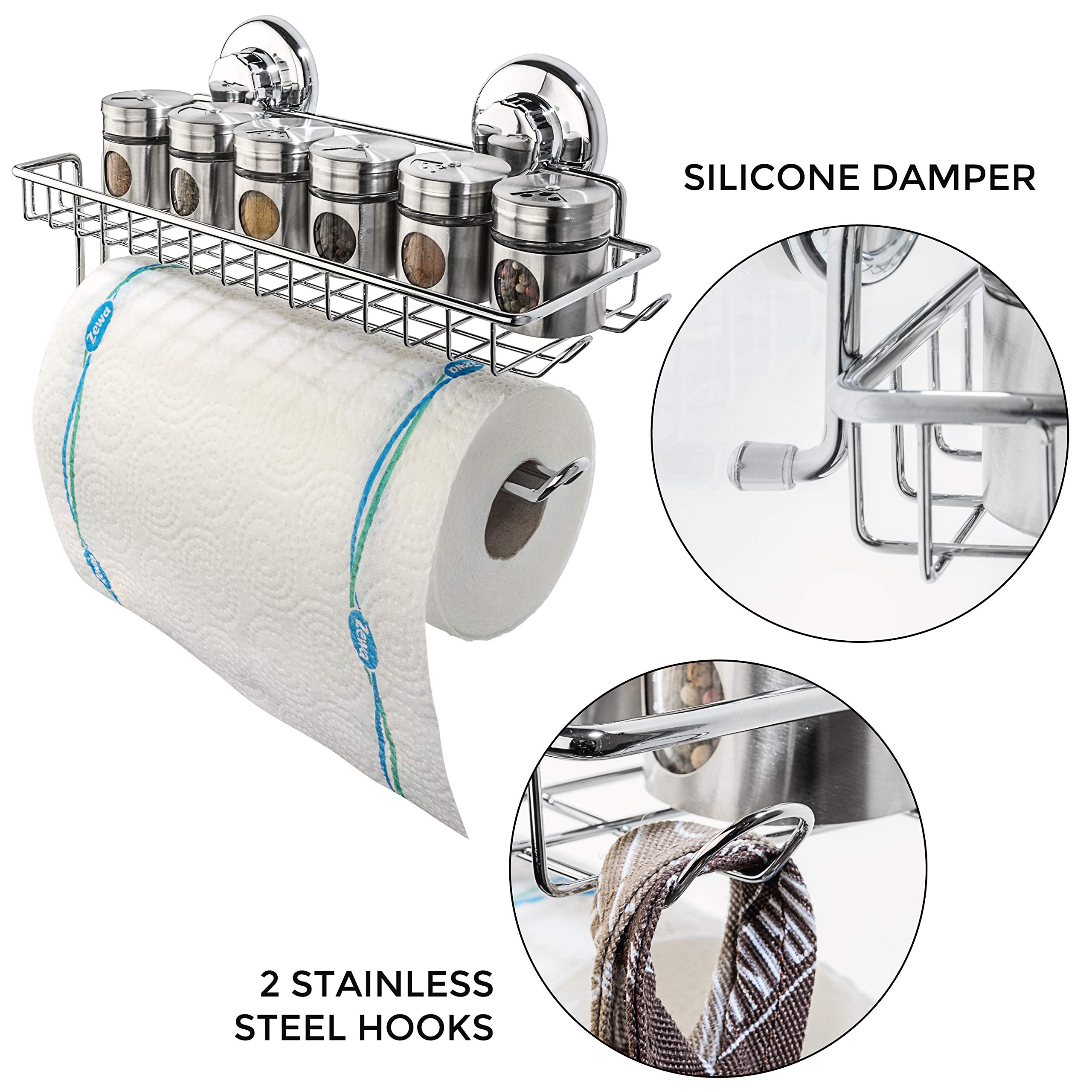 Stainless Steel Wall Mount Paper Towel Holder with Shelf & Hooks - SUS 304 Metal Organizer for Kitchen, Bathroom - Chrome Tissue Roll Hanger - Space Saving Storage Solution for Small Spaces & RVs