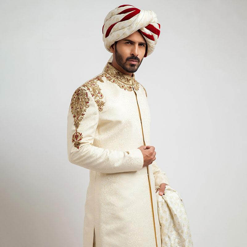 Ivory Magic Pure Jamawar Sherwani for Men - Premium Embroidered Wedding Sherwani with Intricate Designs - Perfect for Indian Weddings, Festivals & Special Occasions