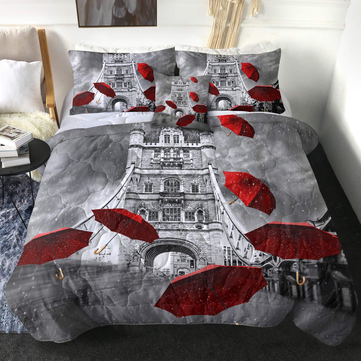 Sleepwish Paris Themed Comforter Set - King Size 4-Piece Bedding with Eiffel Tower & 3D Rainy Street Print (Black/White/Red Umbrellas) | Romantic Bedroom Decor for Couples & French Theme Rooms
