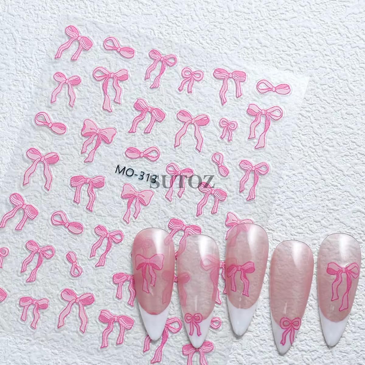 5D Embossed Bow Nail Art Stickers - 3PCS Pink & White Bowknot Nail Decals, Cute Ribbon Bow Tie Design Nail Adhesive Sliders - Kawaii Manicure Accessories for Women & Girls - Perfect for DIY Nail Art, Party Decorations, and Gift Giving