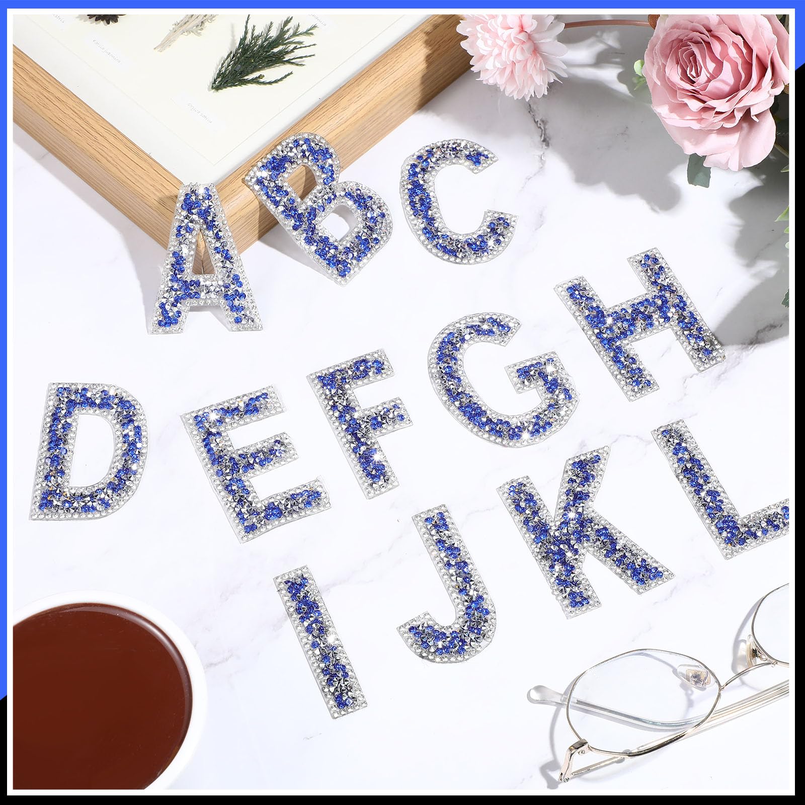 Glitter Resin Rhinestone Alphabet Letter Stickers A-Z - Self Adhesive Iron On Crystal Letters for DIY Crafts, Clothing, Scrapbooking (Blue, 52 Pieces) - Perfect for Custom T-Shirts, Hats, Bags & Home Decor