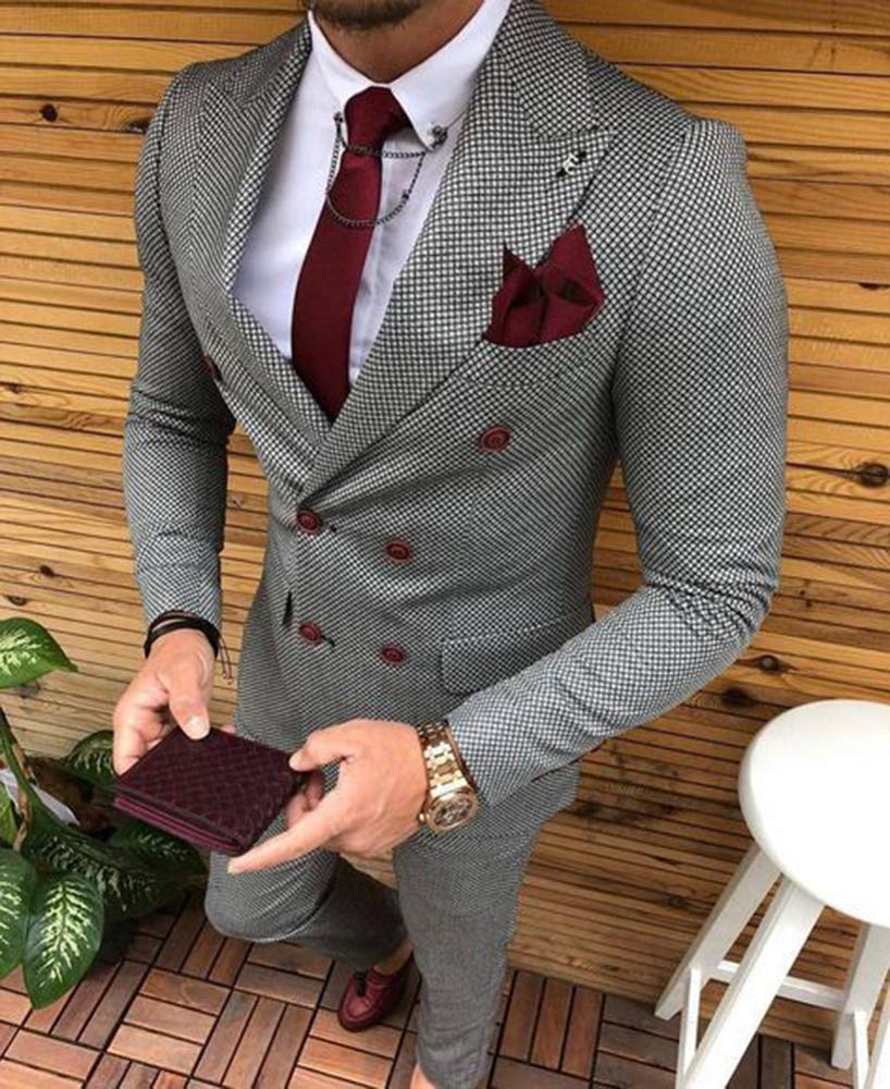Stylish Men's Plaid Double Breasted Suit Jacket & Pants Set - Perfect for Business Meetings, Weddings & Formal Events