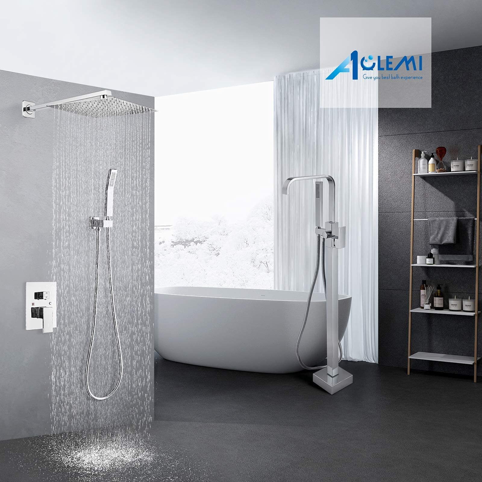 Premium Aolemi Freestanding Bathtub Faucet - Polished Chrome Floor Mount Tub Filler with Hand Sprayer & 12’’ Rain Shower Head - Brass Bath Shower Combo Set for Luxury Bathroom Upgrade - Perfect for Spa-Like Relaxation and Modern Home Decor