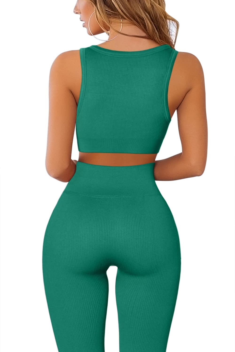 QINSEN Women's 2-Piece Ribbed Seamless Workout Set - Crop Tank Top & High Waist Yoga Leggings for Gym, Running & Yoga | Comfortable Athletic Outfit