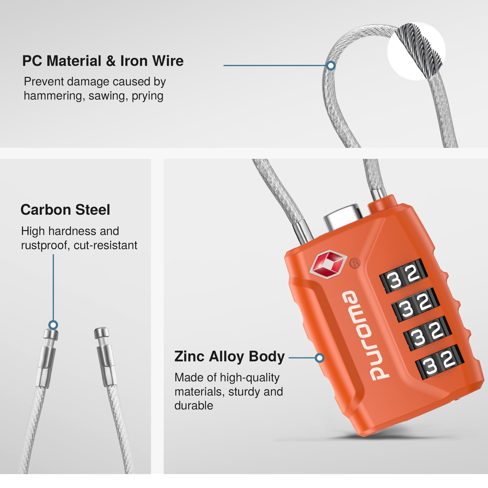Puroma 2 Pack TSA Approved Luggage Locks - Secure 4 Digit Combination Travel Locks with Resettable Code & Durable Zinc Alloy Body for Suitcases, Backpacks, Gym Lockers & Toolboxes (Orange) - Ideal for Air Travel, School, Work & Outdoor Adventures