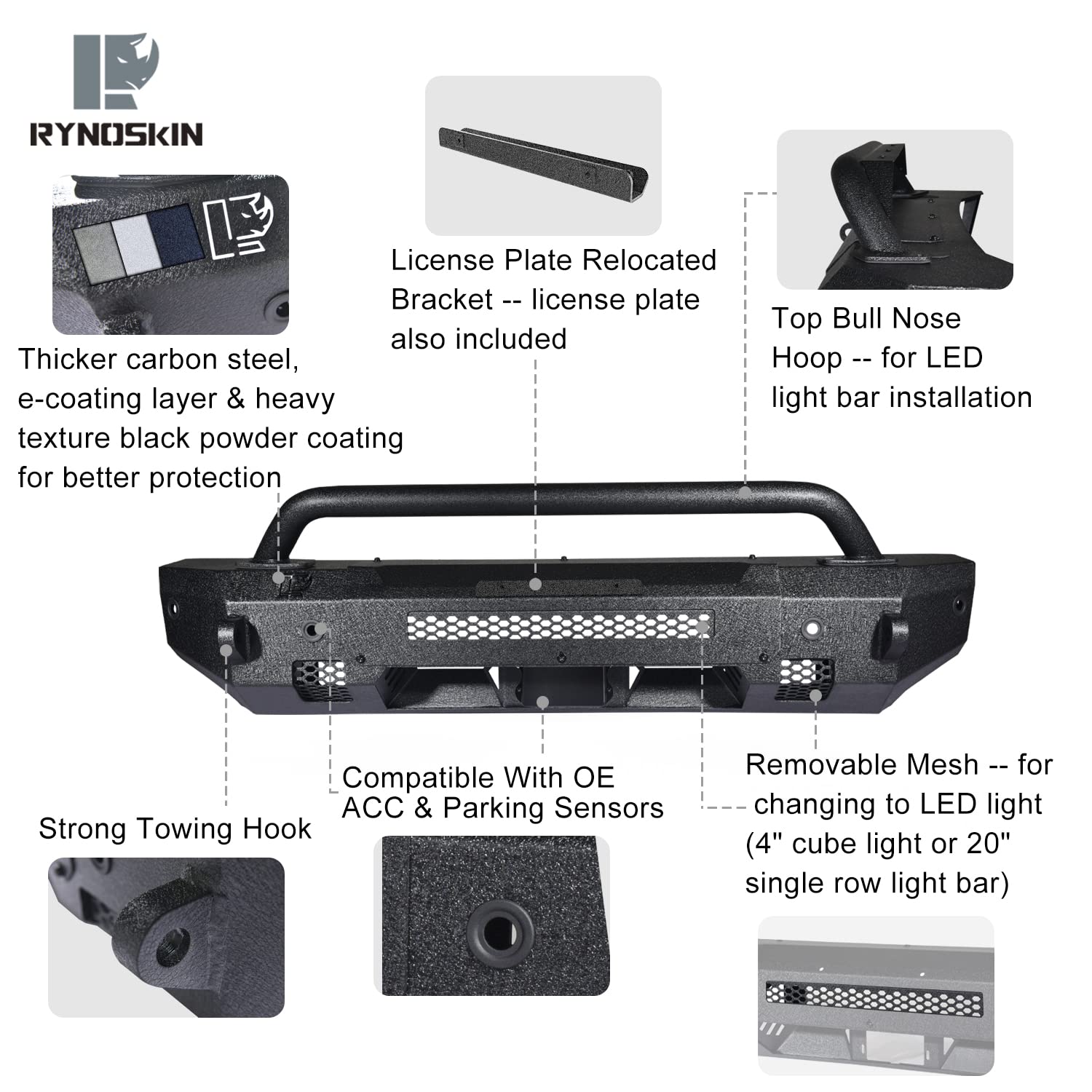 RYNOSKIN Heavy Duty Off-Road Front Bumper for 2021-2024 Ford Bronco | Compatible with OE ACC & Parking Sensors | Textured Black Finish | LED Light Ready | Perfect for Off-Roading & Adventure Driving