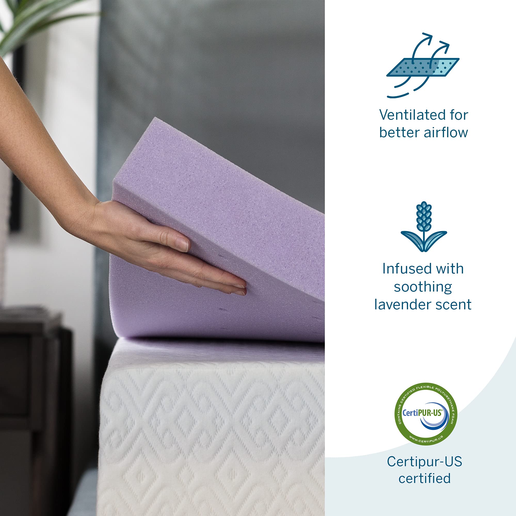 LUCID 3 Inch Lavender Infused Memory Foam Mattress Topper - Ventilated Cooling Design - Queen Size Bed Topper for Pressure Relief & Back Pain - Perfect for Hot Sleepers & Allergy Sufferers