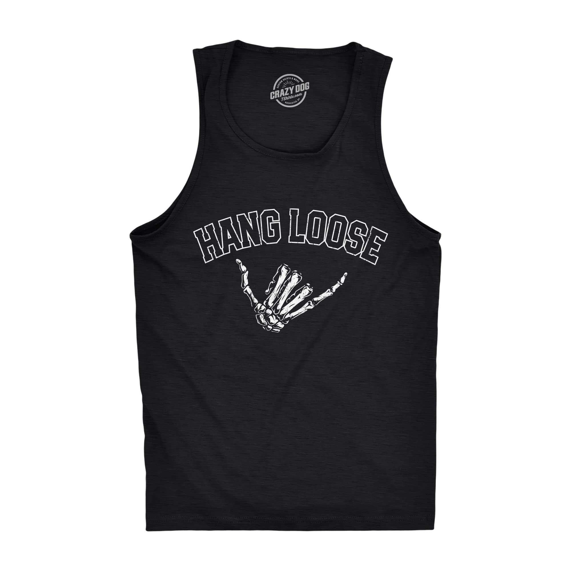 Crazy Dog T-Shirts for Men - Funny Sarcastic Skeleton Bones Graphic Tank Top with Shaka Sign | Fitness & Gym Workout Shirt | Perfect for Beach Parties, Summer Outings and Casual Wear