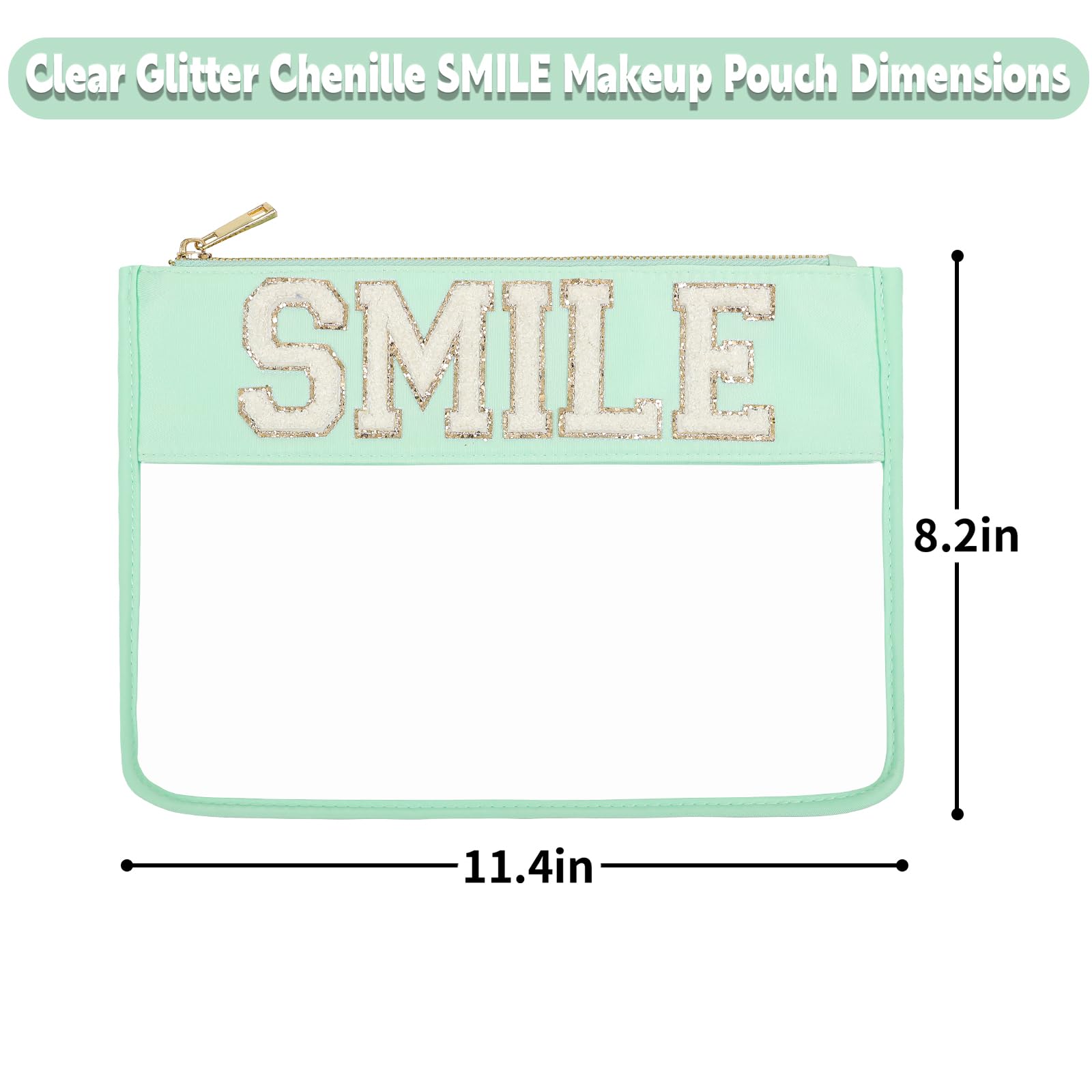 Glitter Chenille Clear Makeup Bag - Transparent Toiletry Travel Organizer with Nylon Zipper for Sunscreen, Cosmetics & Preppy Essentials (Mint Green) - Perfect for Women's Travel, Gym & Daily Beauty Storage
