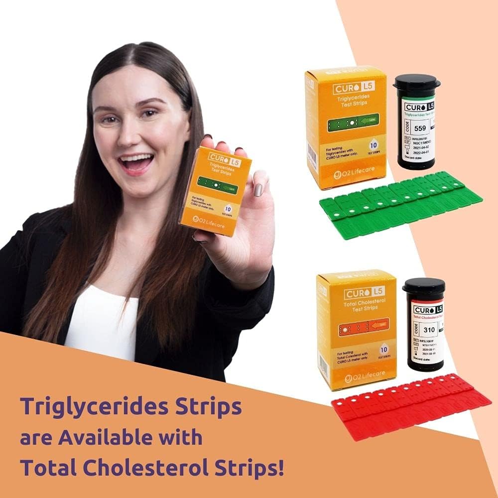 Home Blood Cholesterol Test Kit - Total Cholesterol & Triglycerides with CURO L5 Digital Meter | 10 Test Strips Each | Easy to Use & Accurate Results | Perfect for Home Health Monitoring & Preventive Care