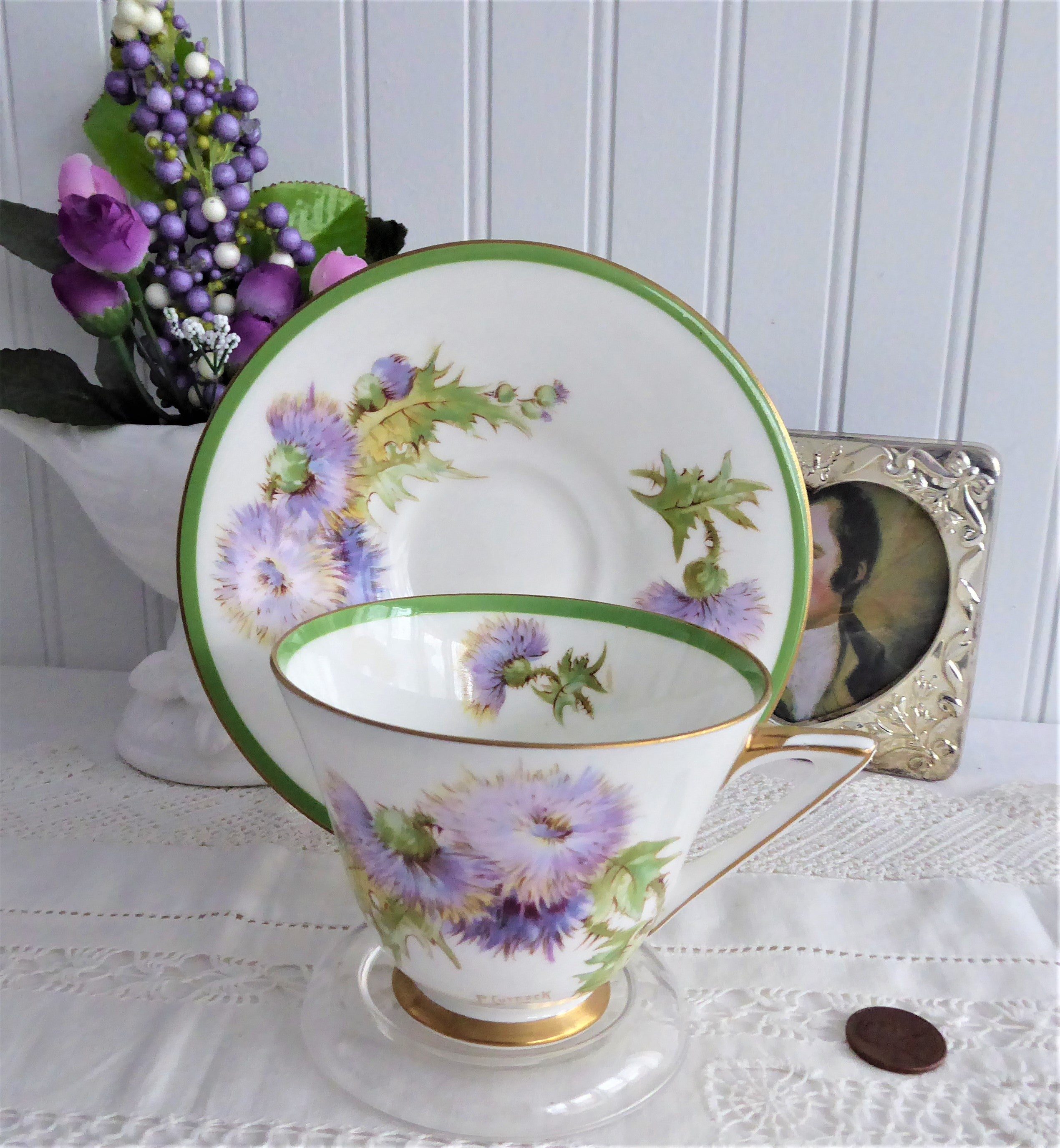 Vintage Royal Doulton Glamis Thistle Cup and Saucer Set - Hand-Painted 1930s Collectible Tea Cup with Queen Mum Association | Perfect for Afternoon Tea, Royal Memorabilia Collections & British Antique Displays