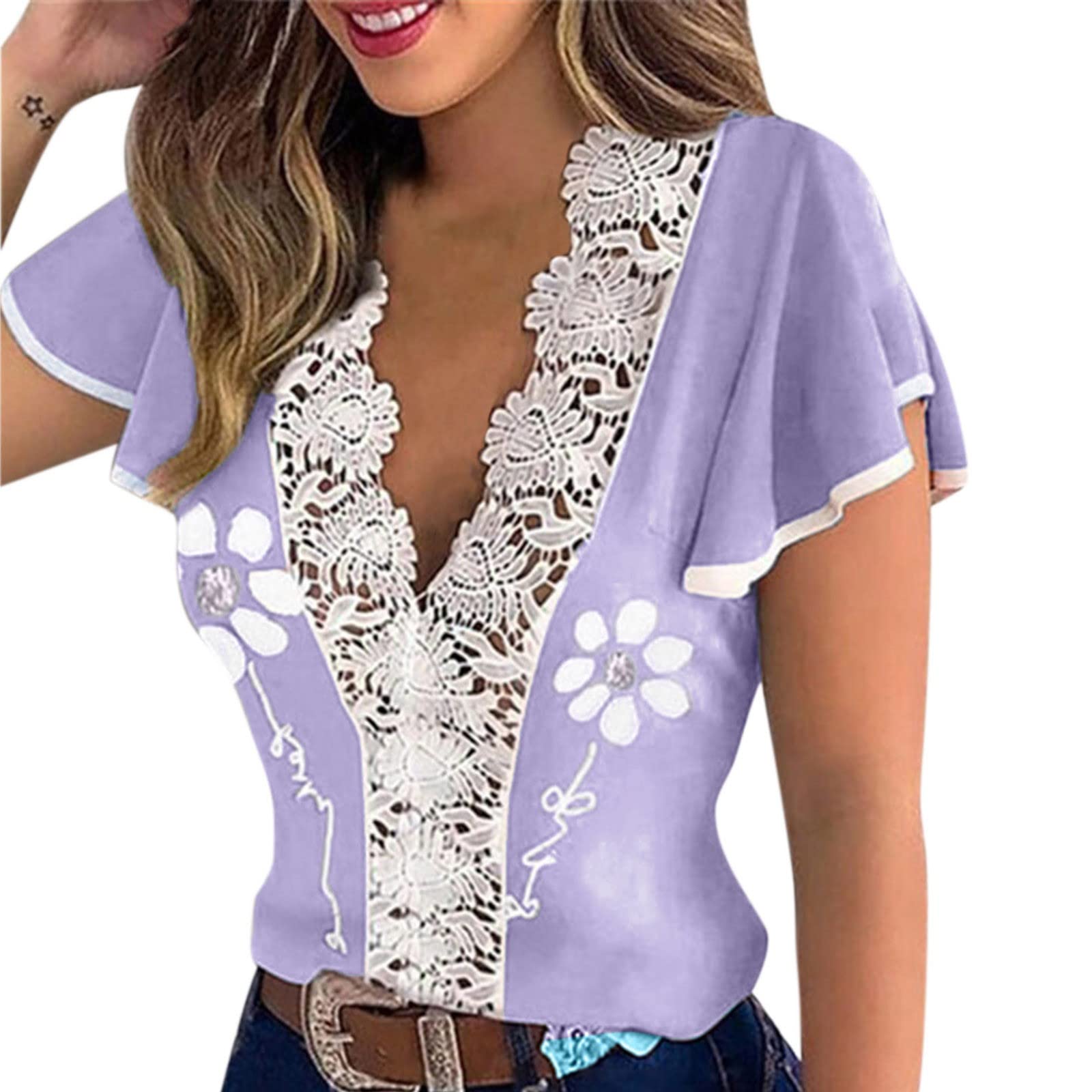 Women's Casual Short Sleeve Blouse - Summer Printed Lace Shirt Tops for Women | Perfect for Office, Date Night & Weekend Outings