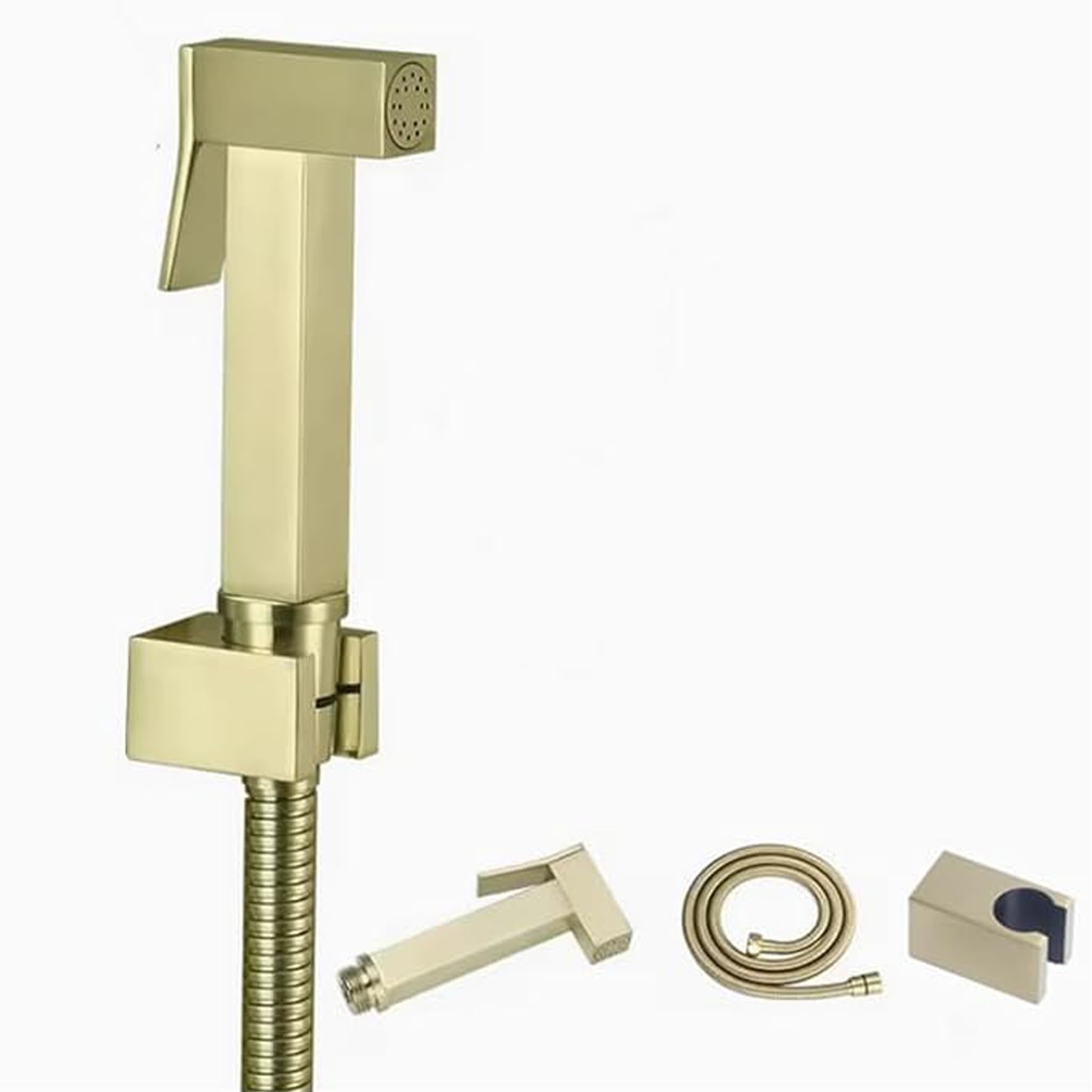 Brushed Gold Brass Square Handheld Bidet Sprayer with Wall Bracket & Hose - Toilet Attachment Set for Baby Diaper Washing & Personal Hygiene (Bidet Sprayer + Holder + Hose) - Perfect for Bathroom, Baby Care & Travel Use