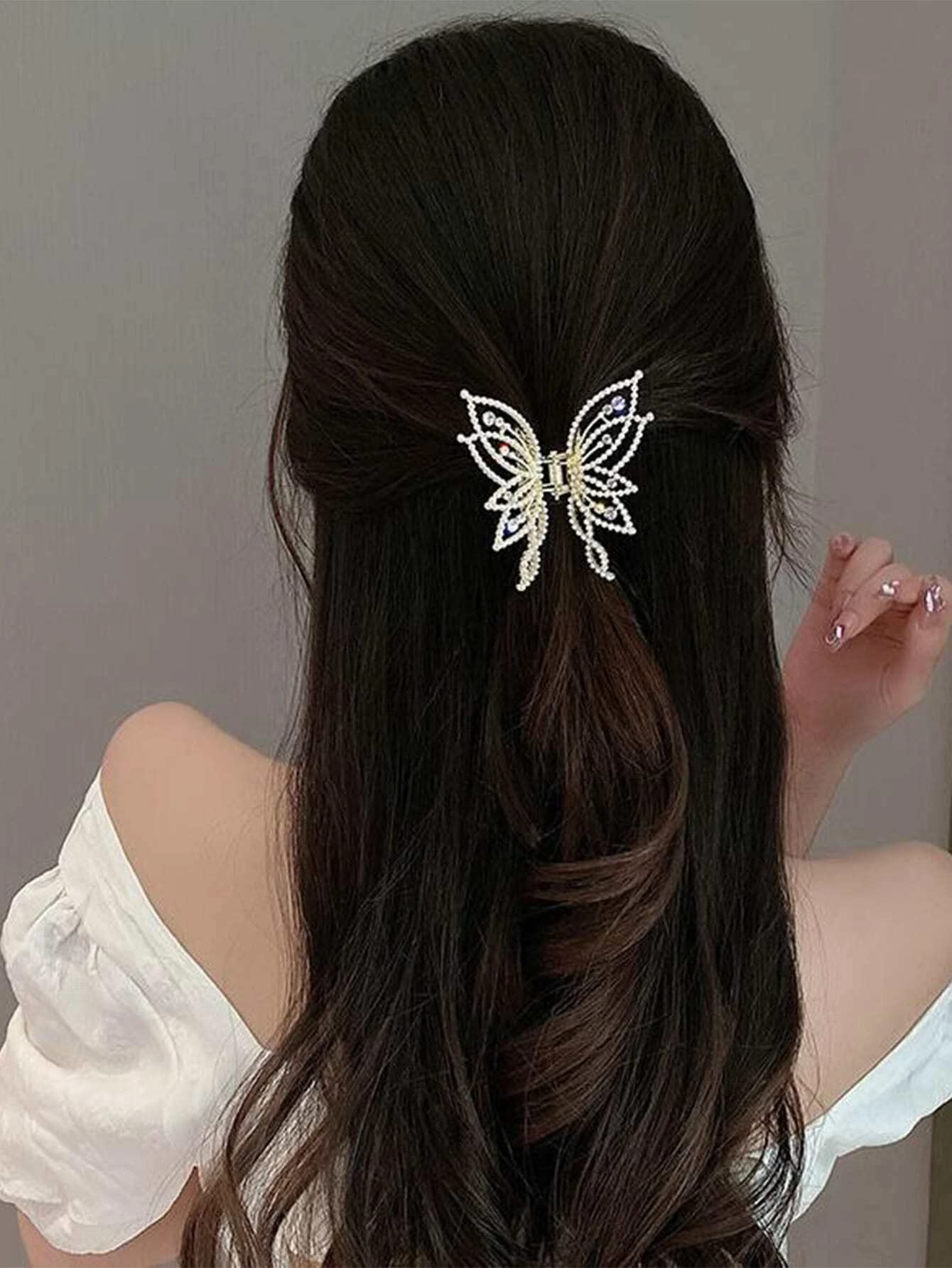 Trendy White Pearl Butterfly Metal Hair Claw Clip - Elegant Hair Accessory for Women & Girls - Perfect for Parties, Weddings & Everyday Use (Pack of 1)