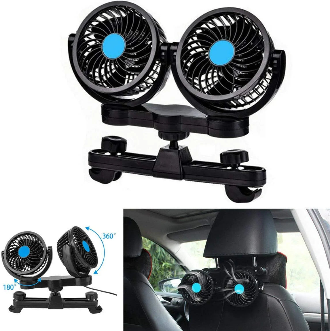 12V Dual Head Car Fan - Adjustable Cooling for Pets & Rear Passengers | 360° Rotating Vehicle Fan for Summer Travel & Road Trips | Compact Car Accessory for Hot Weather Comfort