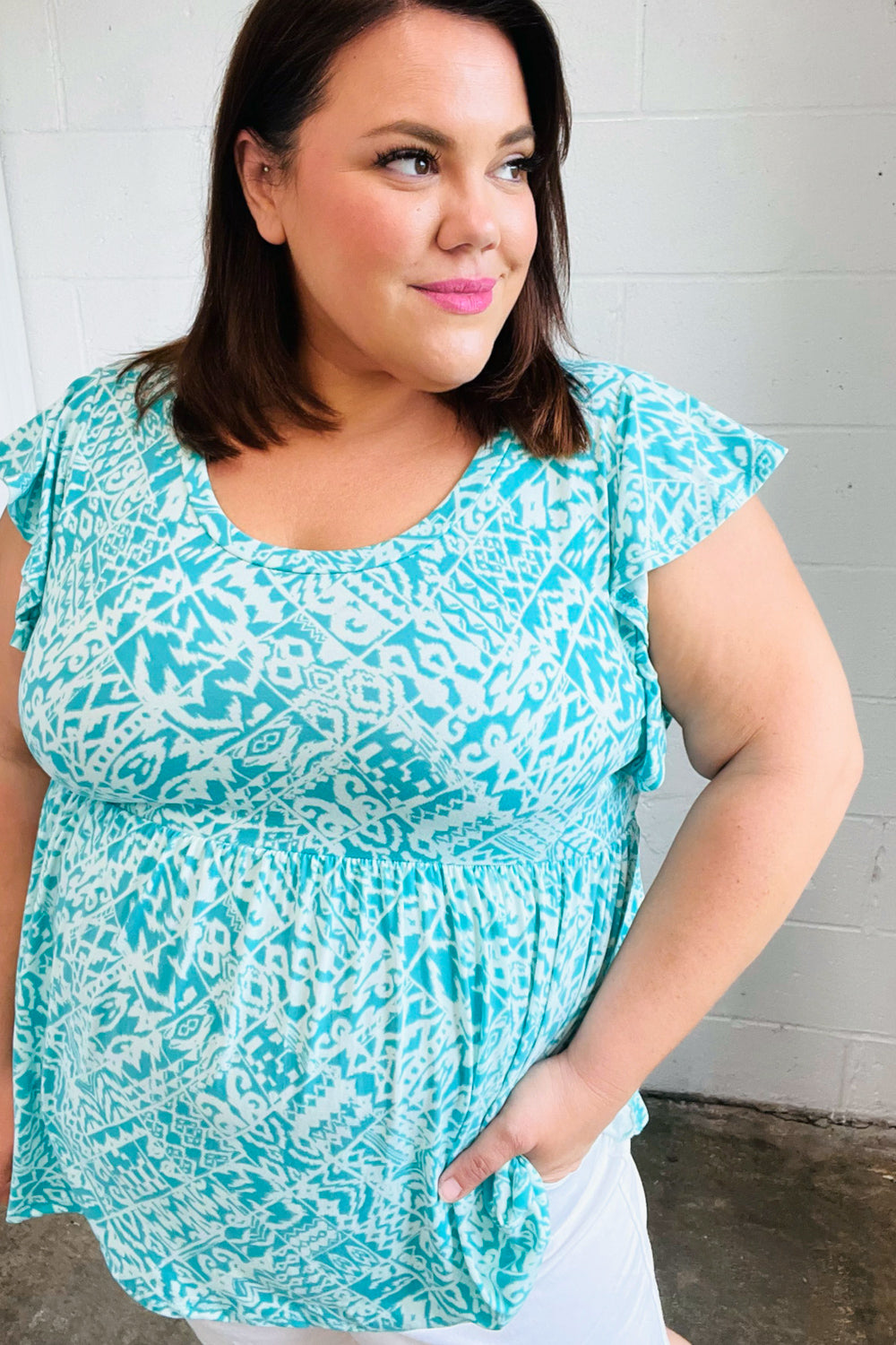 Aqua Blue Boho Print Ruffle Short Sleeve Babydoll Top - Flowy Summer Blouse for Beach, Music Festivals & Casual Outings
