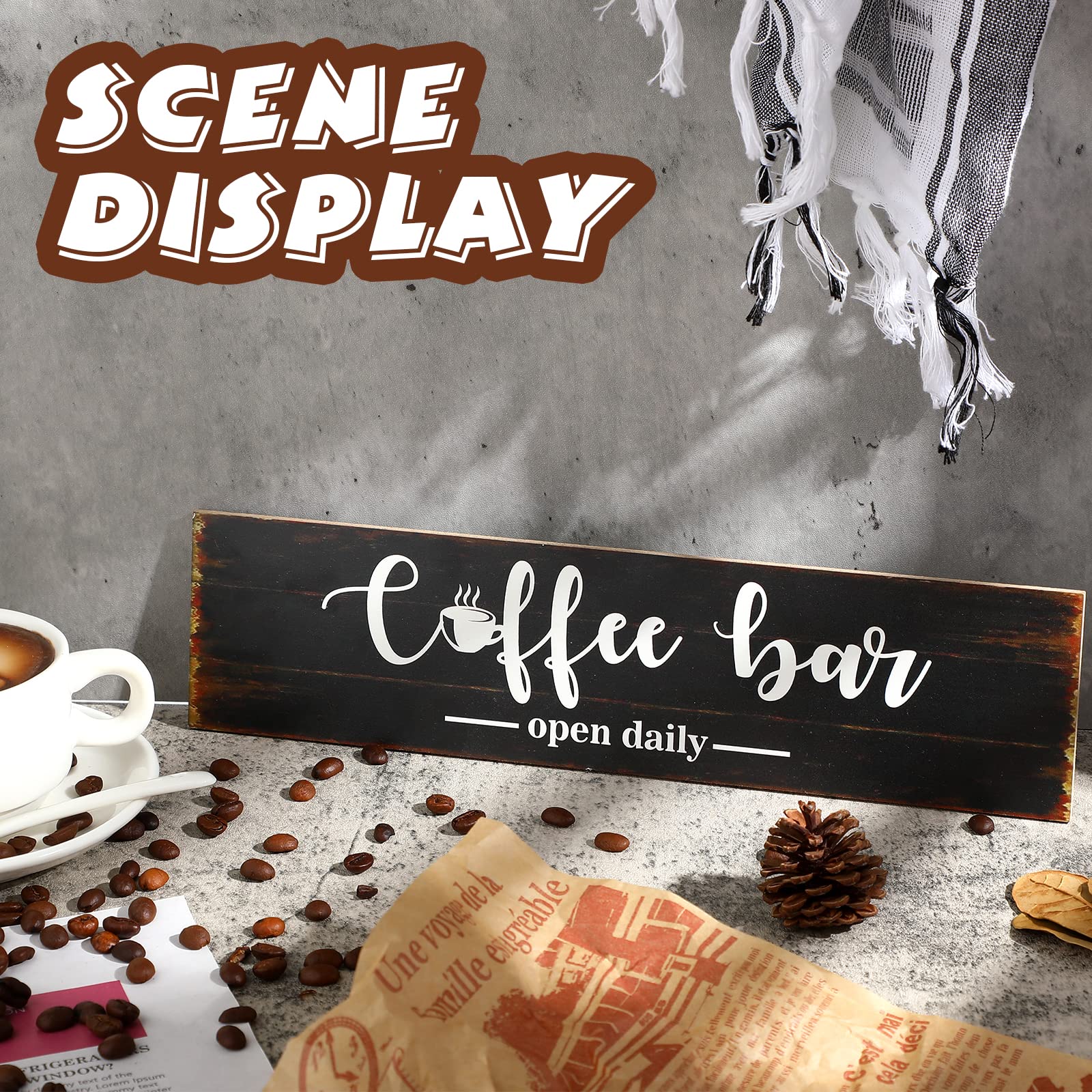 Rustic Wood Coffee Bar Sign - Farmhouse Wall Decor for Coffee Station, 2.95 x 11.8 Inches, Brown Background - Perfect for Kitchen, Café, or Home Bar Décor
