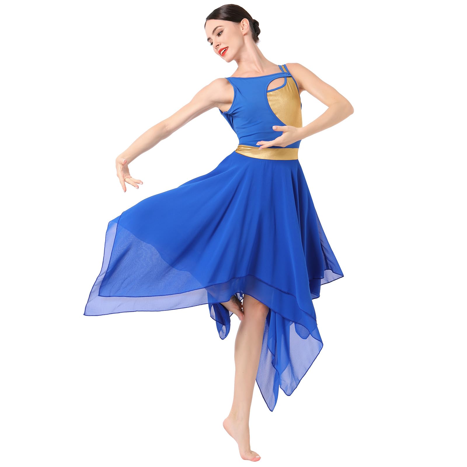 Shiny Metallic Lyrical Dance Dress for Women - Asymmetric Flowy Chiffon Skirt Contemporary Dance Costume | Perfect for Ballet, Modern Dance & Stage Performances