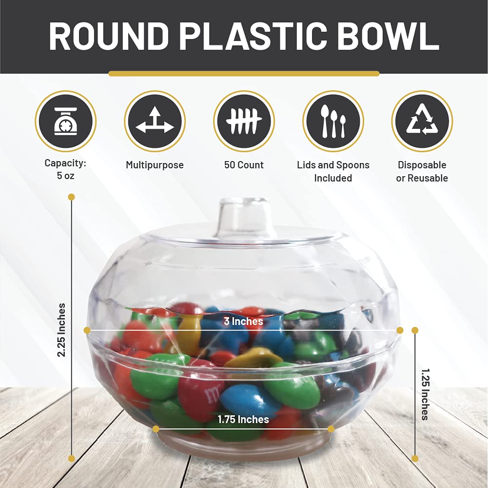 Oasis Creations 5oz Round Plastic Bowls (50 Count) - Clear Disposable/Reusable Cups with Lids & Spoons - Perfect for Appetizers, Parfaits, Desserts, Party Serving & Food Storage