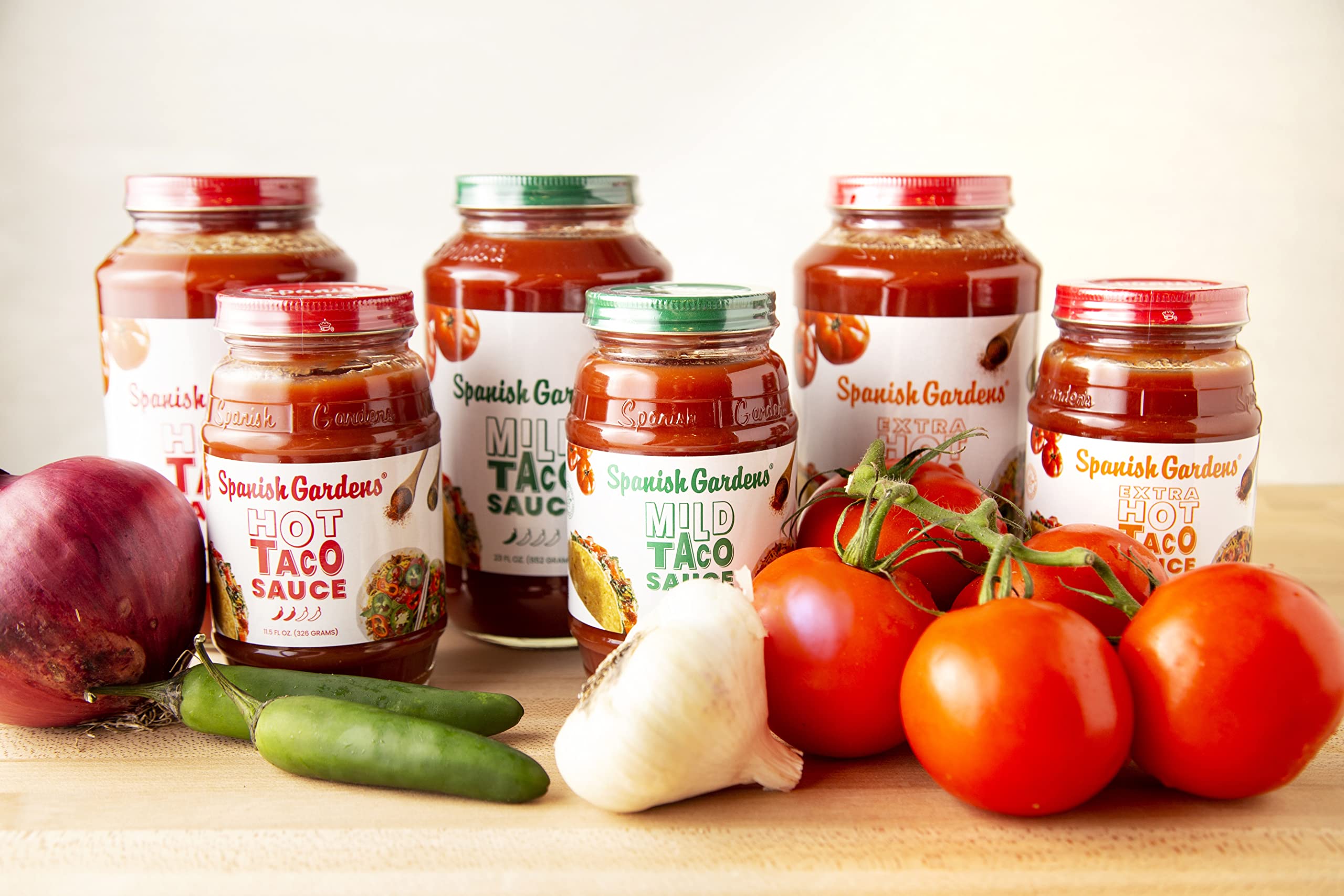 Authentic Spanish Gardens Extra Hot Taco Sauce (6 Pack) — Family Recipe Super Spicy Mexican Hot Sauce for Tacos, Burritos & Enchiladas — Perfect for Tex-Mex Cooking & Party Dips (23 oz Bottles) — Great for BBQs, Game Nights & Mexican Dinner Parties