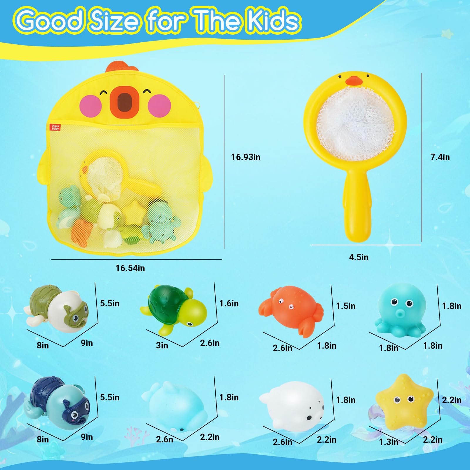 Safe Mold-Free Ocean Animal Bath Toys for Toddlers 1-3 Years - Wind Up Swimming Turtle Pool Toys with Fishing Net & Storage Bag | Fun Floating Water Play for Bathtime, Pool Parties & Early Learning