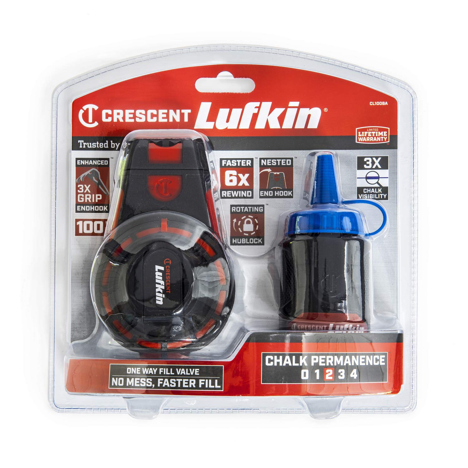 Crescent Lufkin 100-Foot Professional Contractor Chalk Reel with HardMark Blue Chalk - Heavy Duty Measuring Tool for Construction, Carpentry & DIY Projects - CL100BA