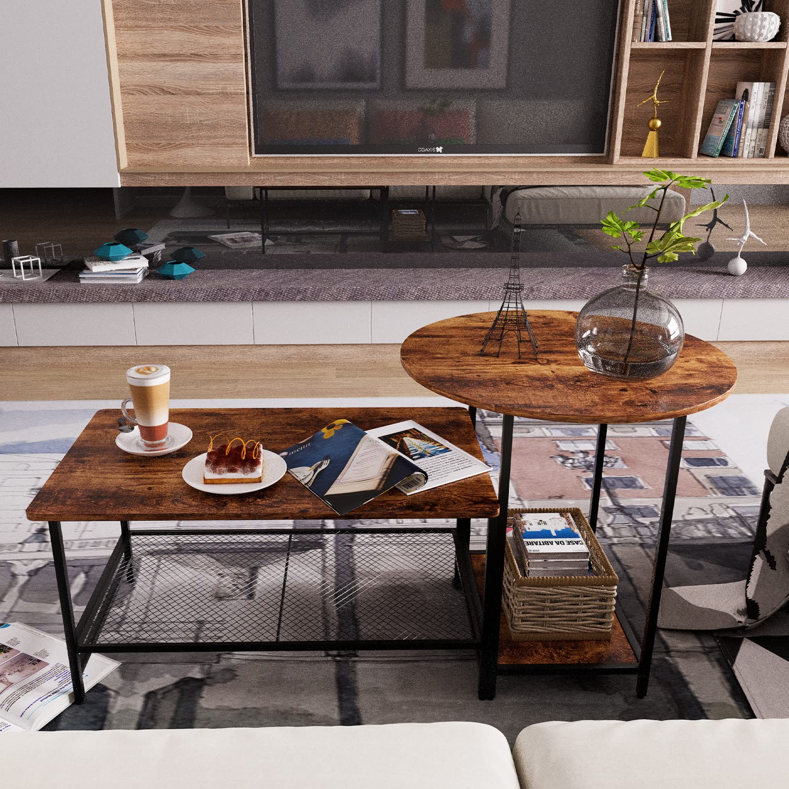 Modern Rustic Brown Coffee Table Set - 2-Tier Round & Rectangular Side Tables with Metal Frame for Living Room, Bedroom, Balcony | Space-Saving Storage Solution for Small Apartments & Cozy Homes