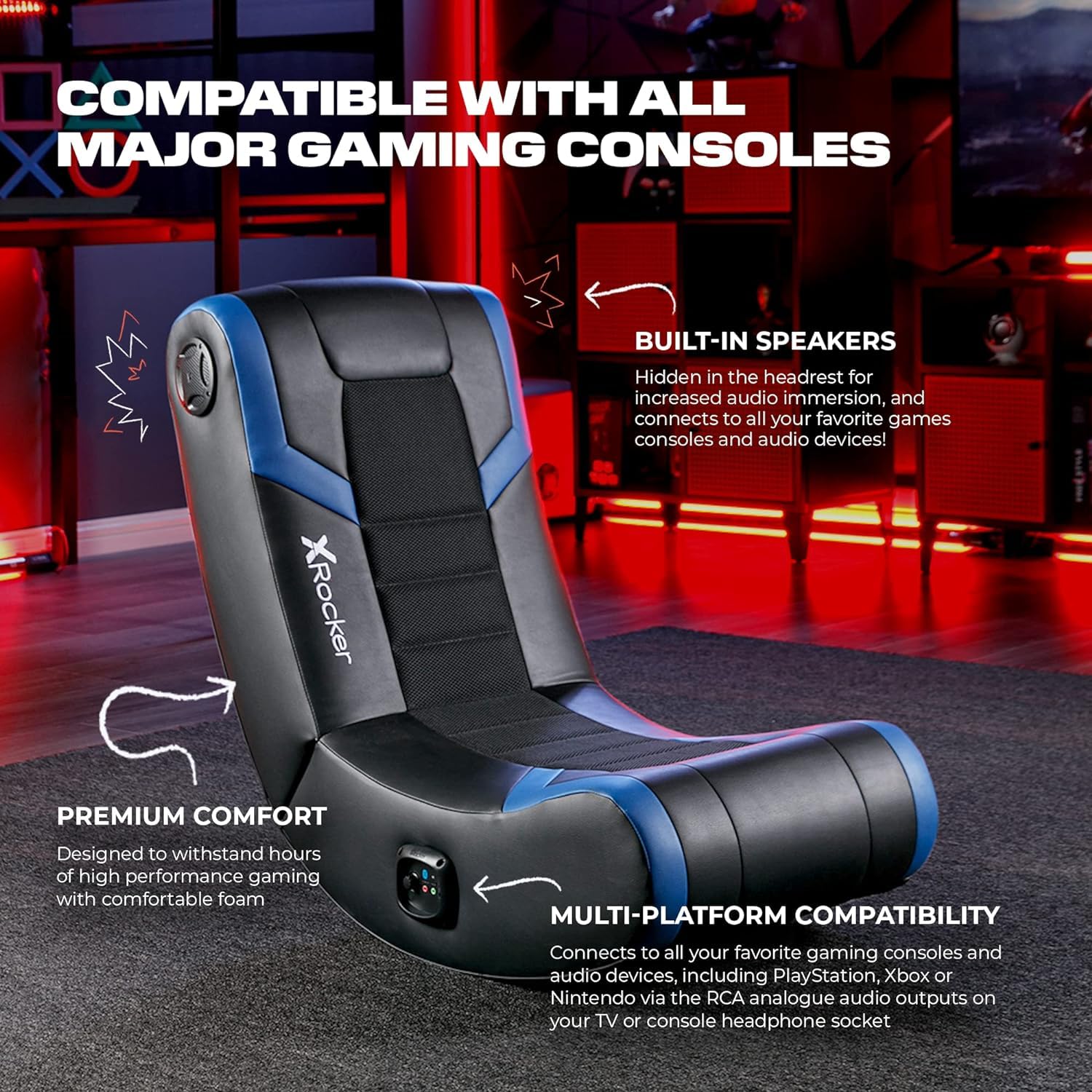 X Rocker Video Gaming Floor Rocker Chair with Built-in Audio Speakers - Foldable Ergonomic Design for Bedroom, Game Room or Living Room - Perfect Gift for Gamers, Boys, Girls & Teens Ages 5-17 - Great for Gaming, Movie Nights & Relaxation