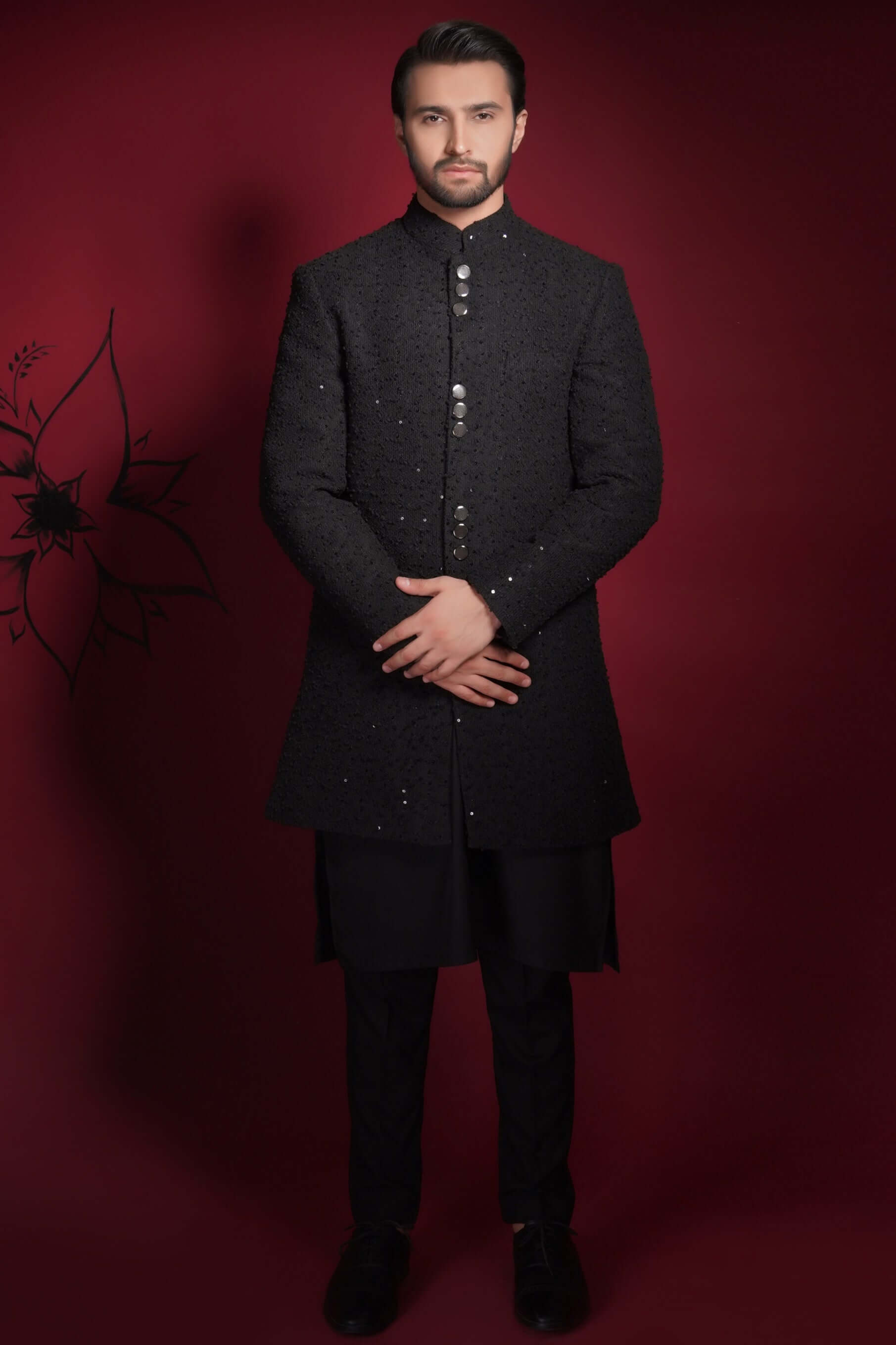 Jet Black Sequined Sherwani for Men - Premium Limited Edition Indian Wedding Attire | Elegant Groom & Party Wear for Festivals, Ceremonies & Special Occasions