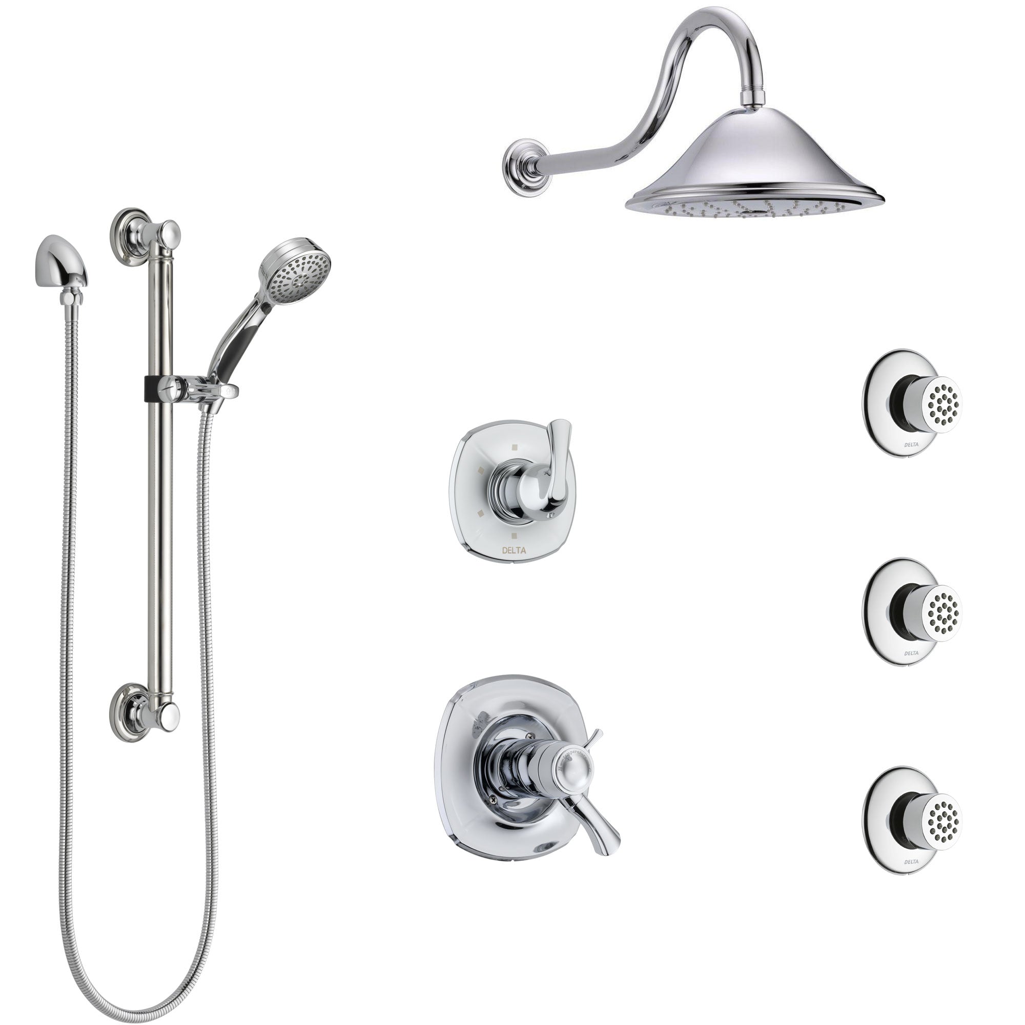 Delta Addison Chrome Thermostatic Shower System - Dual Control, Diverter, Rainfall Showerhead, 3 Body Sprays & Handheld Shower with Grab Bar (Model SS17T9222) - Perfect for Luxury Bathroom Renovations & Spa-Like Shower Experience