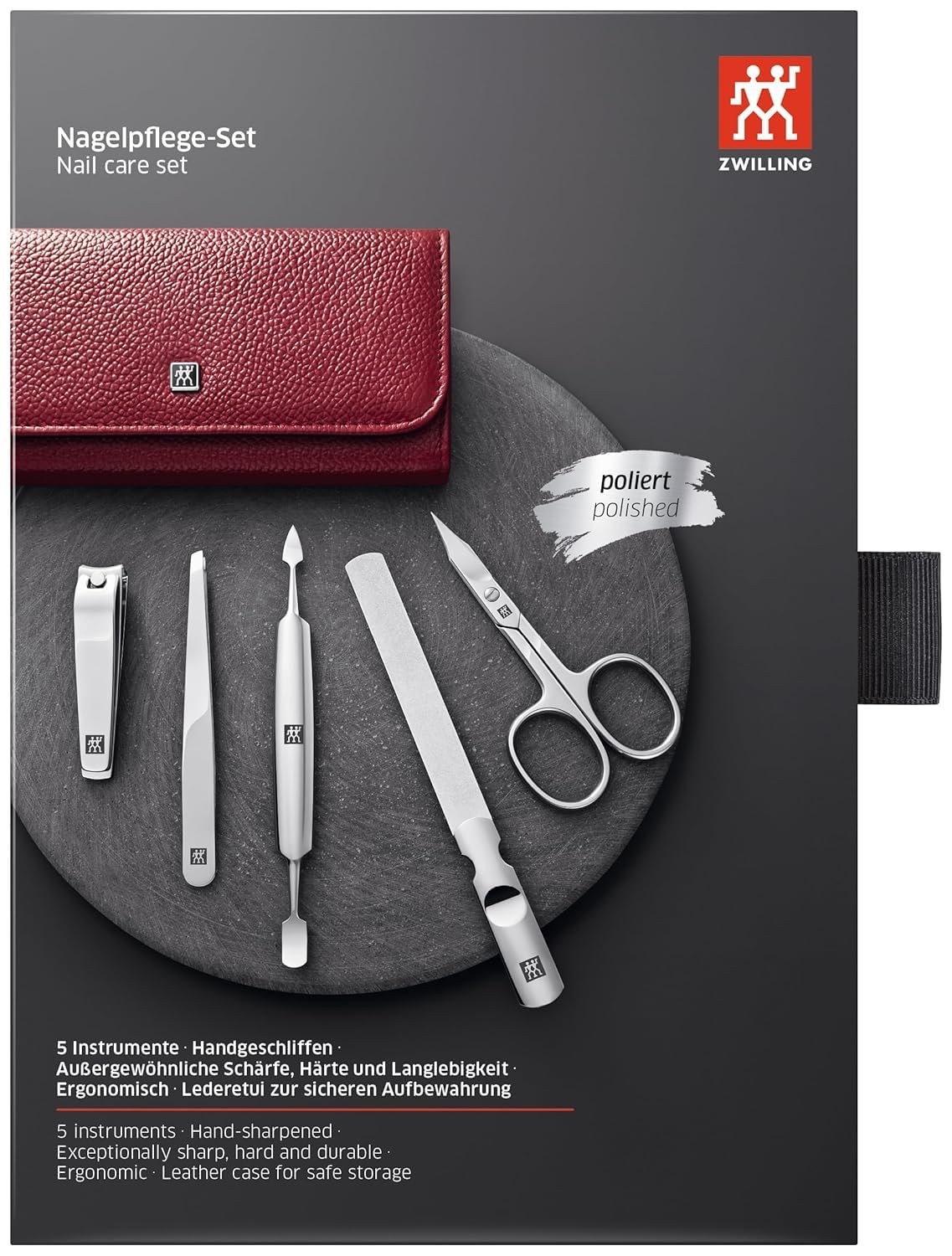 5-Piece Travel Manicure Set with Nail Clippers in Red Leather Case - Compact Nail Care Kit for Home, Office & Travel Gifts