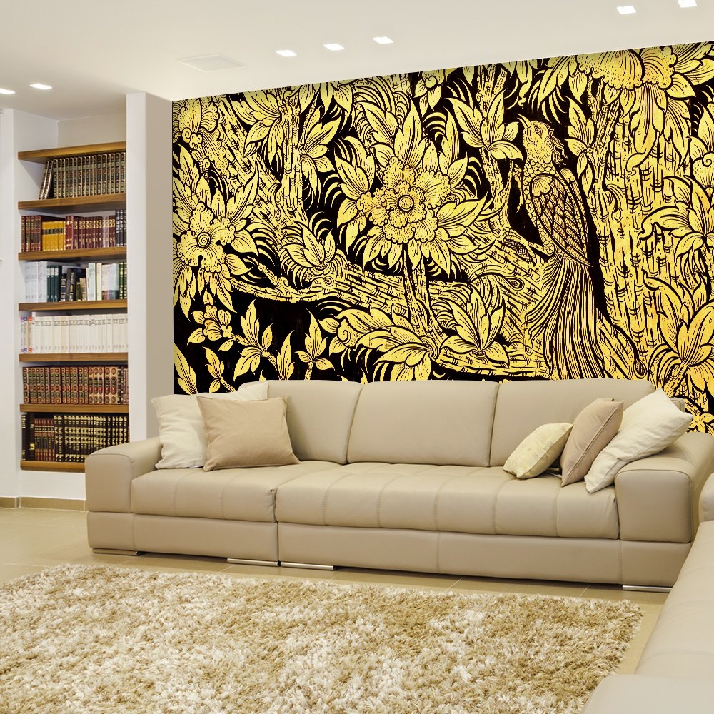 Wall26 - Black and Gold Thai Temple Fresco Wall Mural - Peacock in Tree with Blooming Flowers Design - Removable Sticker for Home Decor - 100x144 inches - Perfect for Living Room, Bedroom, or Office Wall Art