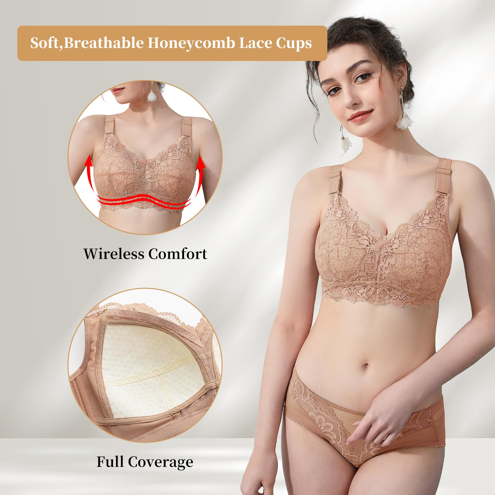 Baetty Lace Bra Full Coverage Wireless Bras for Women - Comfortable Honeycomb Inner Cushion Support - Perfect for Everyday Wear, Work & Leisure Activities