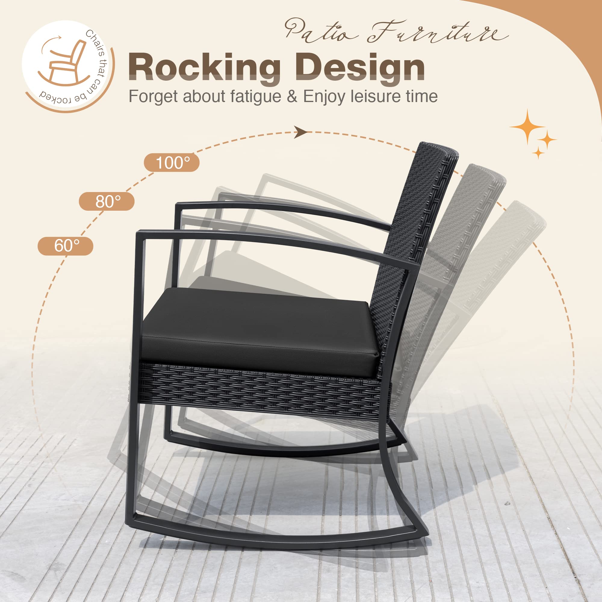 Greesum 3-Piece Outdoor Patio Furniture Set - Dark Black Bistro Rocking Chairs with Glass Coffee Table for Poolside, Beach, Backyard, Balcony, Porch & Garden Decor | Perfect for Relaxing, Entertaining & Outdoor Dining