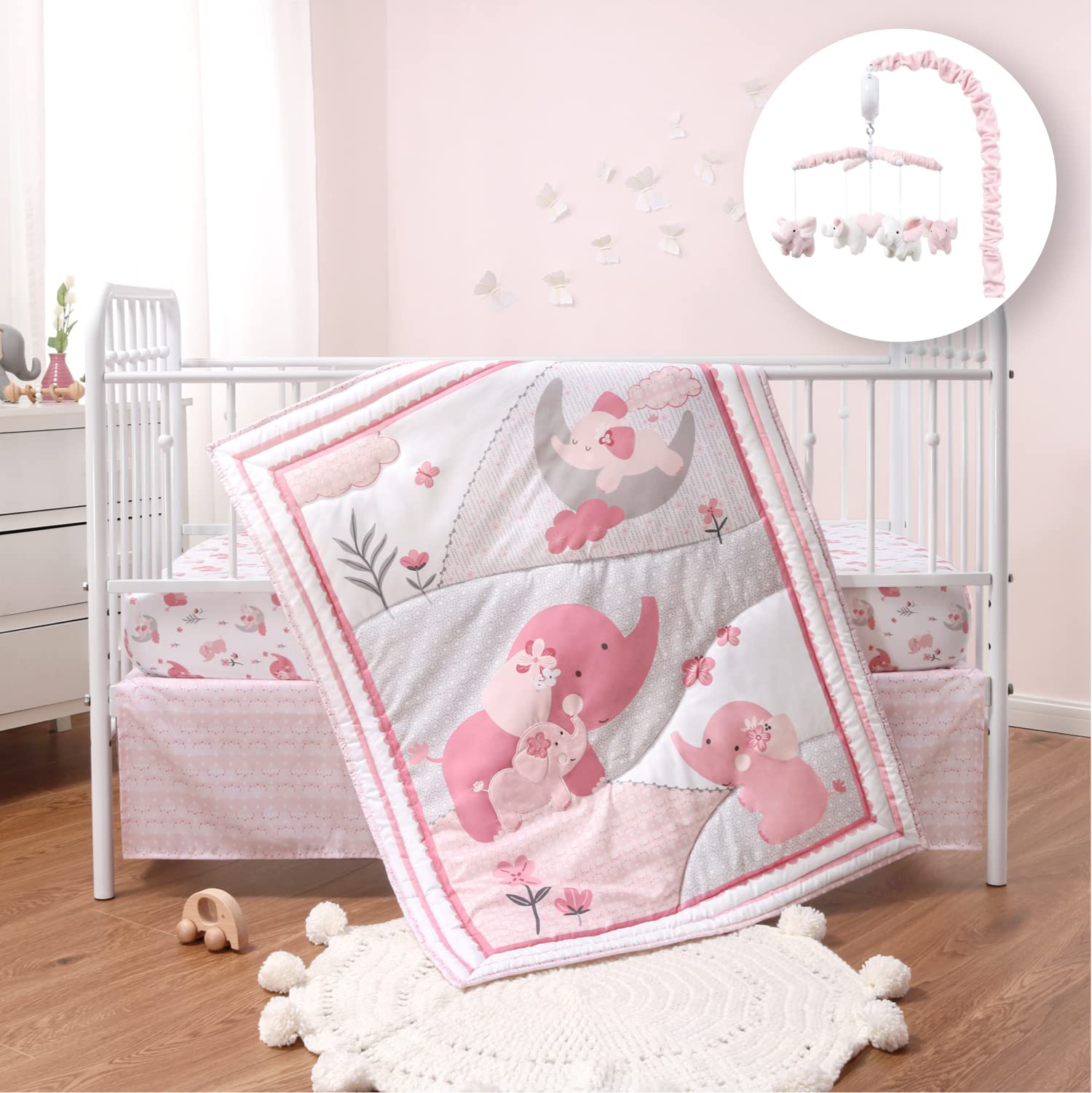 Pink Elephant Baby Nursery Decor Set - 4 Piece Crib Bedding Set with Comforter, Fitted Sheet, Mobile & Dust Ruffle | Soft Cotton Nursery Collection for Girls & Boys | Perfect for Baby Showers, Newborn Gifts & Nursery Decorating