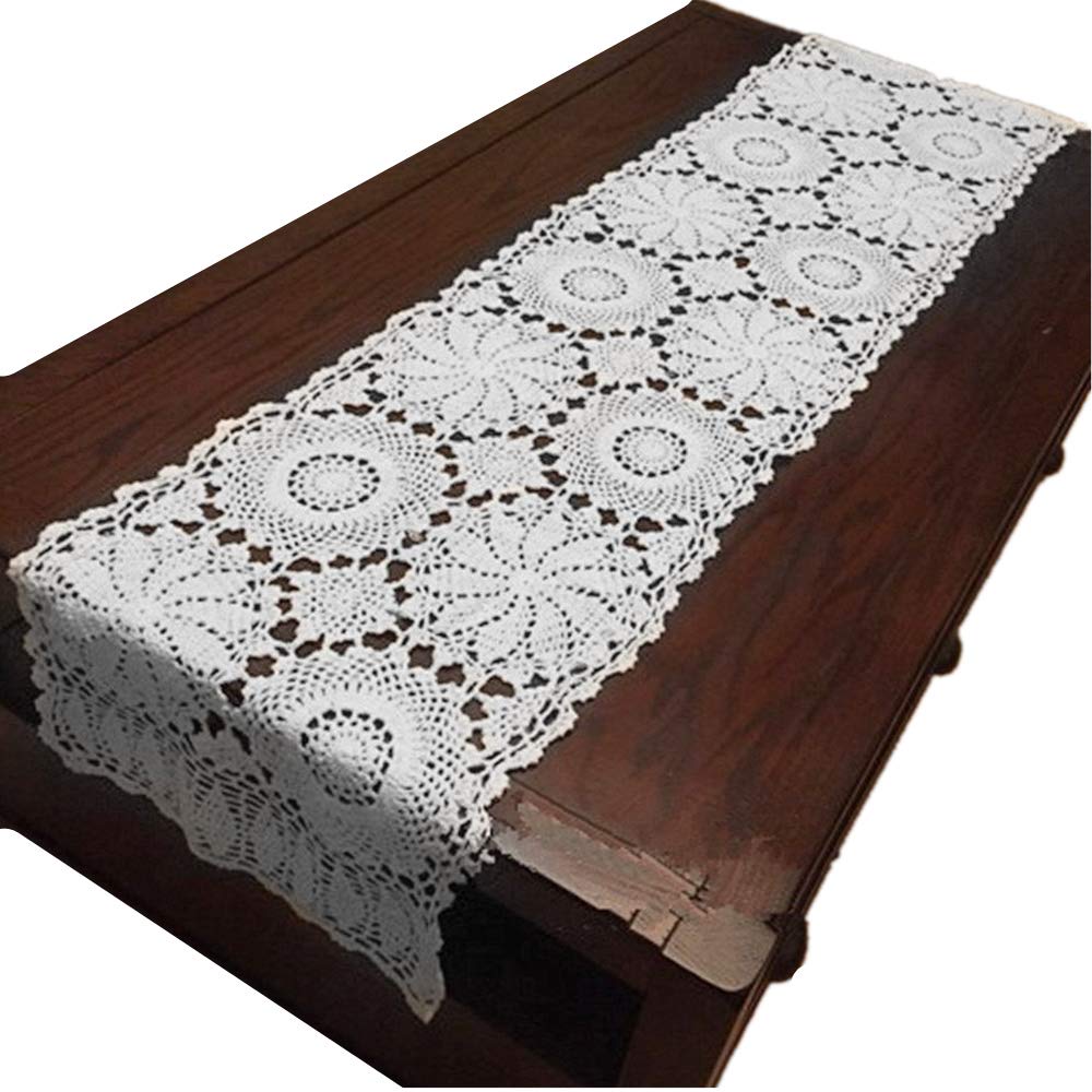 Handmade Rustic Floral Crochet Table Runner - White Lace Doily 15x47 Inches for Farmhouse Dining Table Decor, Wedding Centerpiece & Boho Home Decor