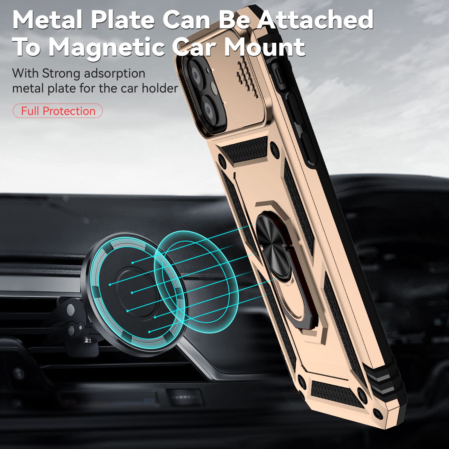 Hitaoyou iPhone 11 Case with Camera Cover & Kickstand - Military Grade Shockproof Heavy Duty Protective Magnetic Phone Cover for iPhone 11 (Gold) - Perfect for Outdoor Activities, Travel and Daily Protection