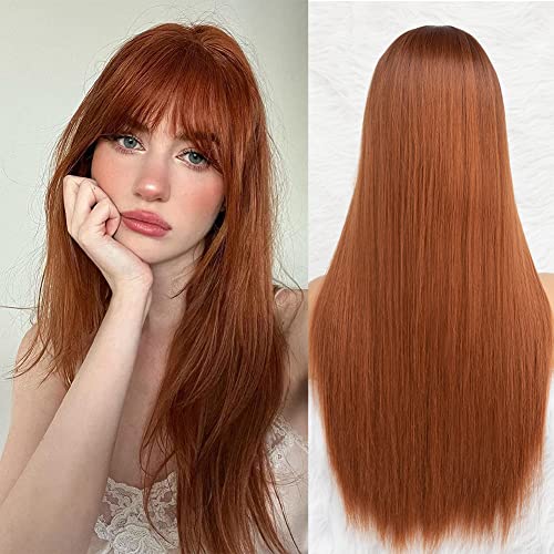 Long Straight Synthetic Wigs for Women with Bangs - 24'' Heat Resistant Ginger Copper Remy Hair Wigs - Silky Soft & Smooth Daily Wear Wig for Cosplay, Party & Princess Costume | Perfect for Halloween, Stage Performances & Fashion Events