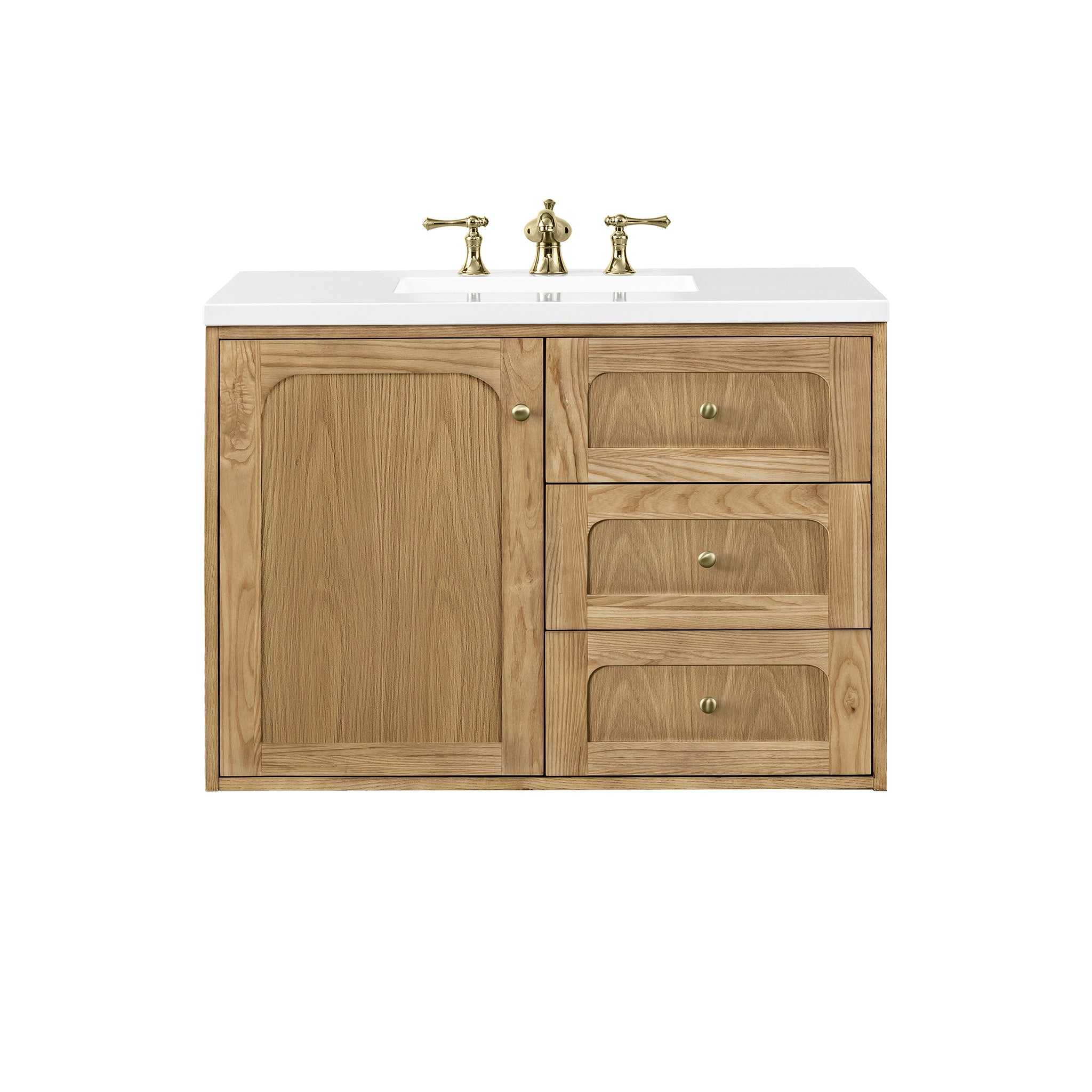 Laurent 36 Inch Single Bathroom Vanity with White Zeus Quartz Top - Light Natural Oak Finish - Modern Bathroom Storage for Small Spaces
