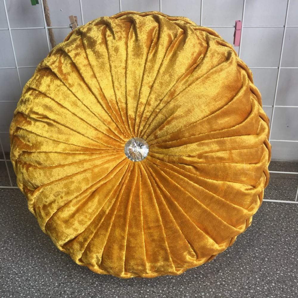 Zituop 13.8-inch Round Velvet Throw Pillow - Pleated Pumpkin Shaped Decorative Cushion for Couch, Bed, Sofa & Bedroom - Soft Yellow Home Decor for Living Room, Nursery & Dorm