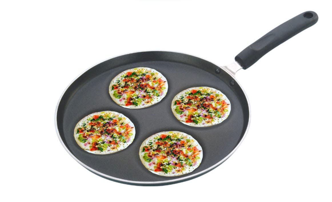 Non-Stick Aluminum 4-Cavity Appam/Uttapam/Dosa Pan with Round Side Handle - Perfect for Indian Breakfast Cooking - Ideal for Home Kitchens & Restaurants (Black)