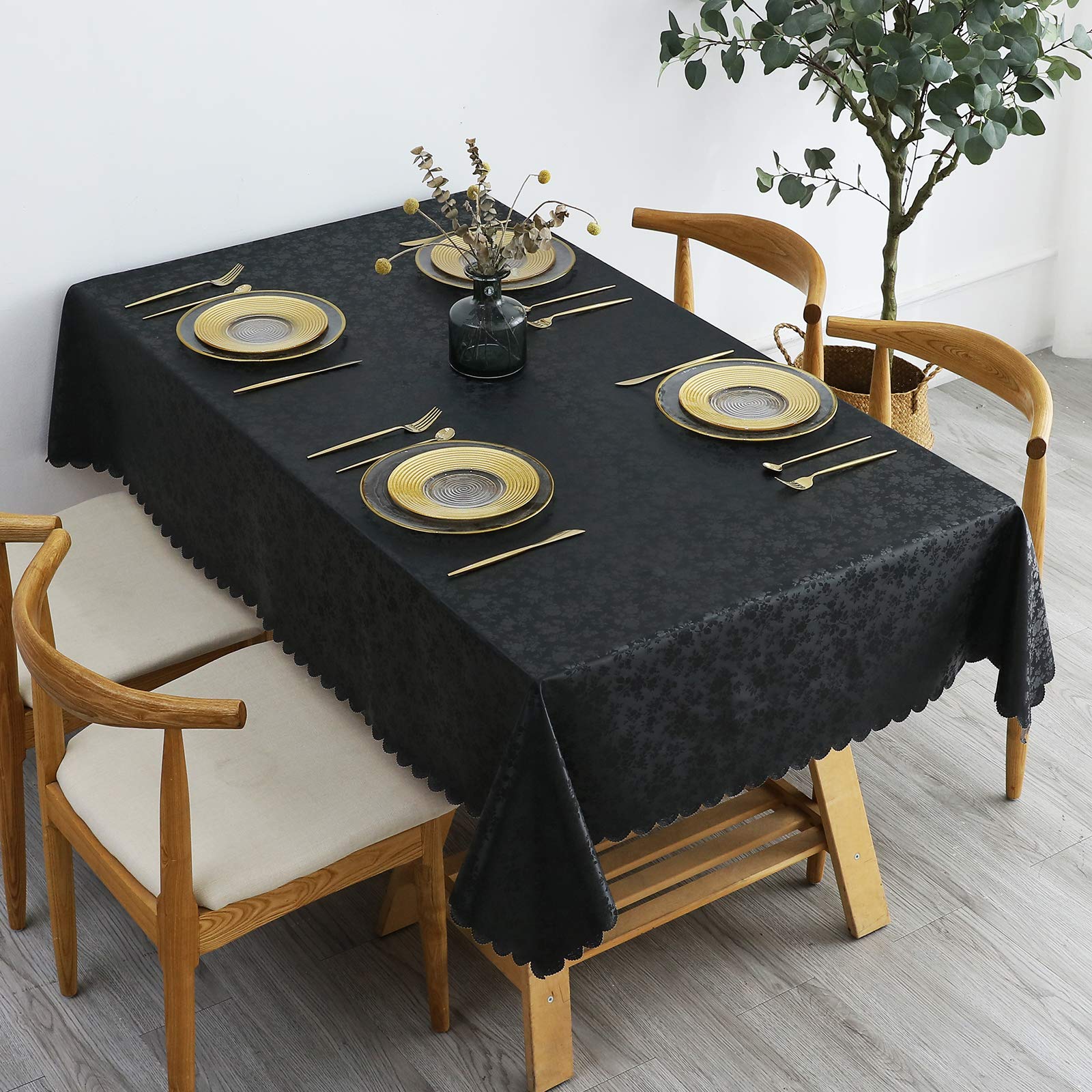 Smiry Waterproof Heavy Duty Vinyl Tablecloth - Wipeable & Washable Rectangle Table Cover for Kitchen, Dining Room, Outdoor Picnics & Party Events (Black, 52