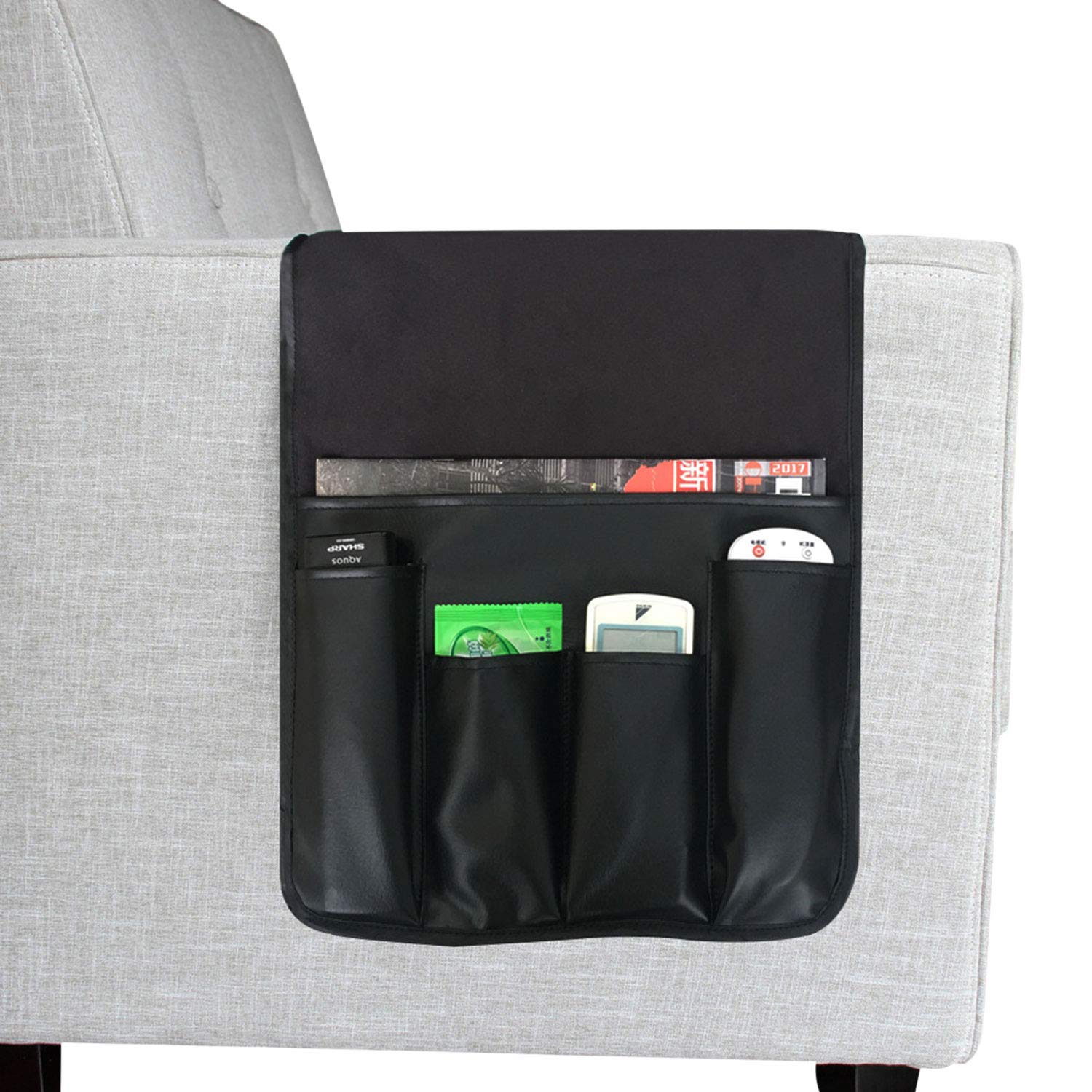 Anti-Slip PU Leather Sofa Armrest Organizer - Phone, Tablet, Remote & Snack Holder for Couch, Recliner & Chair - Space Saving Storage for Books & Magazines (Black) | Perfect for Living Room, Home Theater & Office